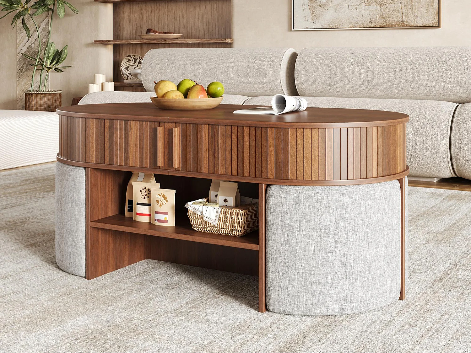Ovale Couchtisch 120x60x51,5cm - Stoffhocker - 2 Schiebetüren - Spanplatten und MDF - Braun