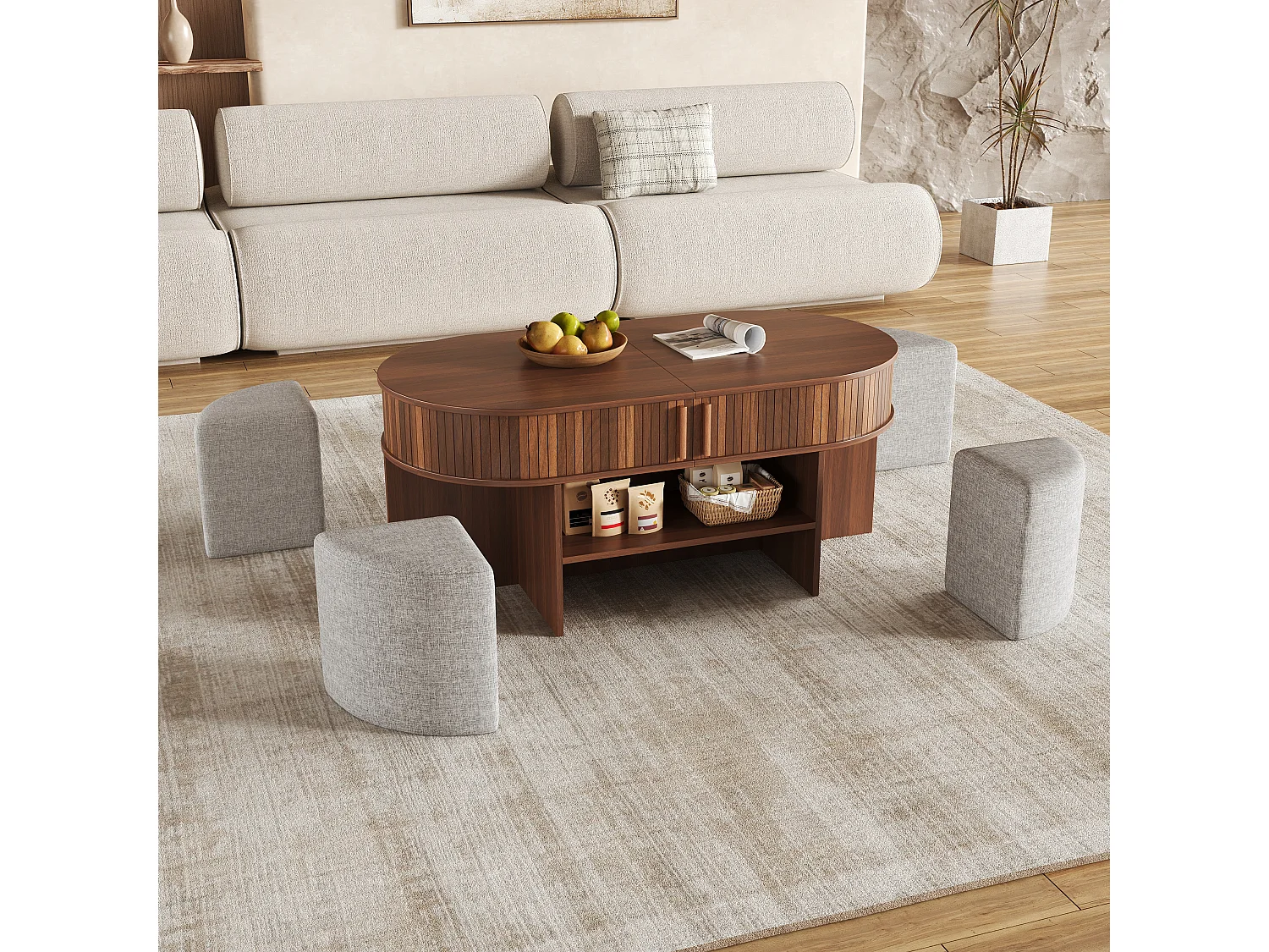 Ovale Couchtisch 120x60x51,5cm - Stoffhocker - 2 Schiebetüren - Spanplatten und MDF - Braun