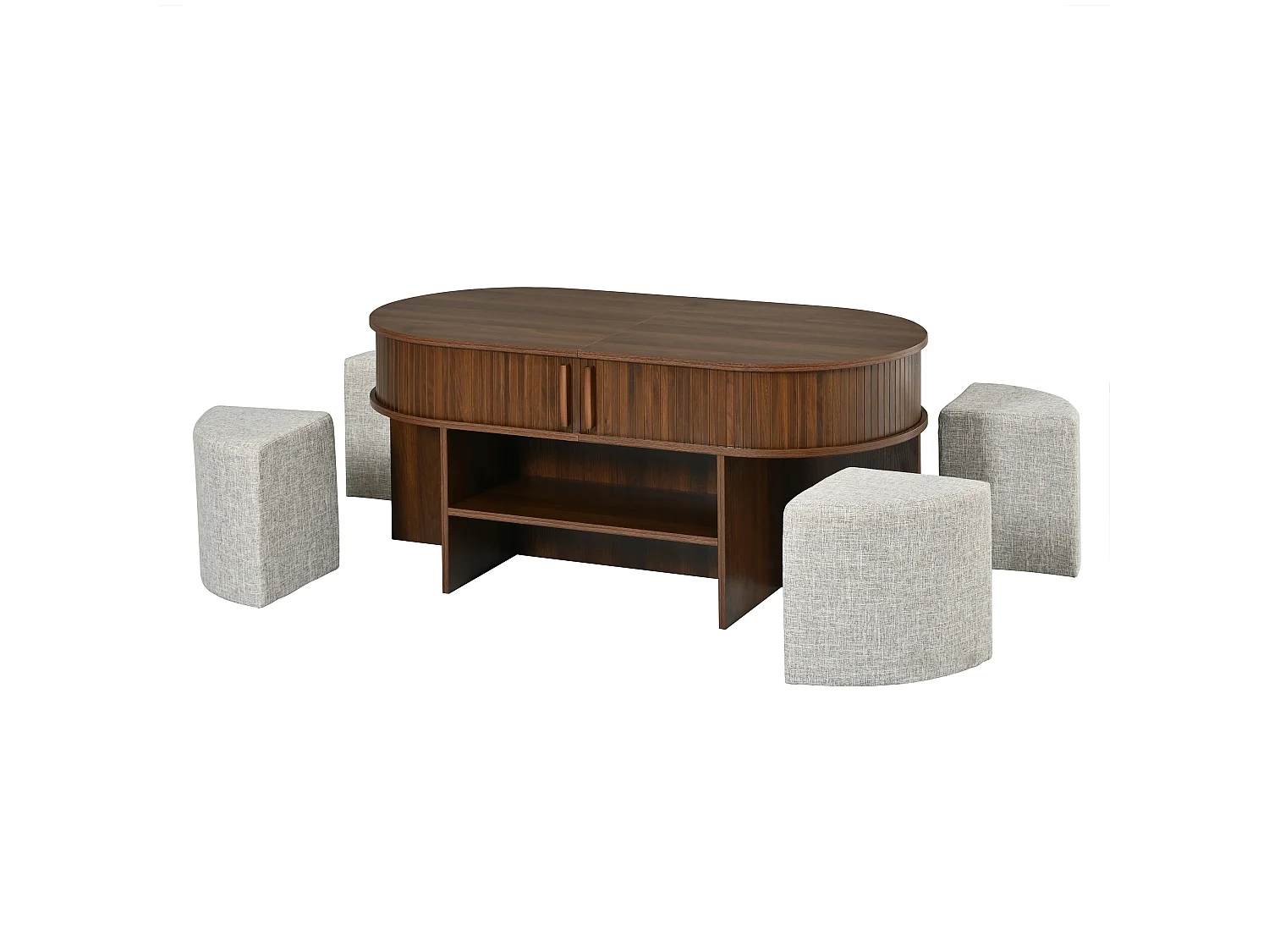 Ovale Couchtisch 120x60x51,5cm - Stoffhocker - 2 Schiebetüren - Spanplatten und MDF - Braun