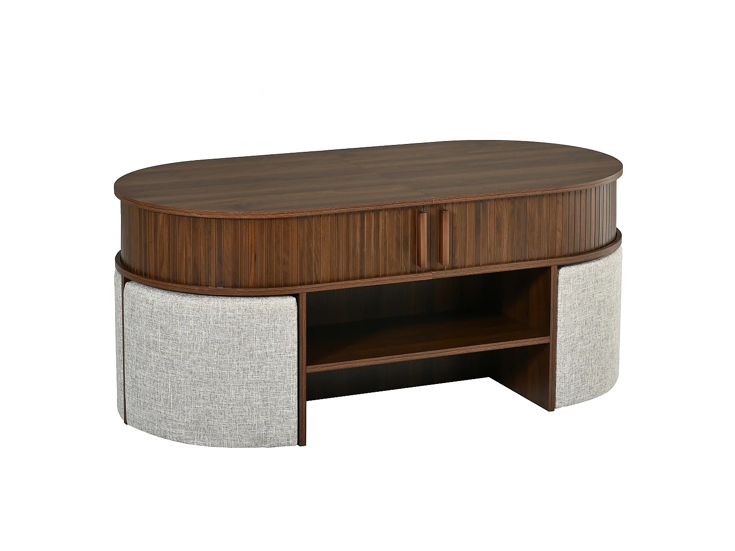 Ovale Couchtisch 120x60x51,5cm - Stoffhocker - 2 Schiebetüren - Spanplatten und MDF - Braun
