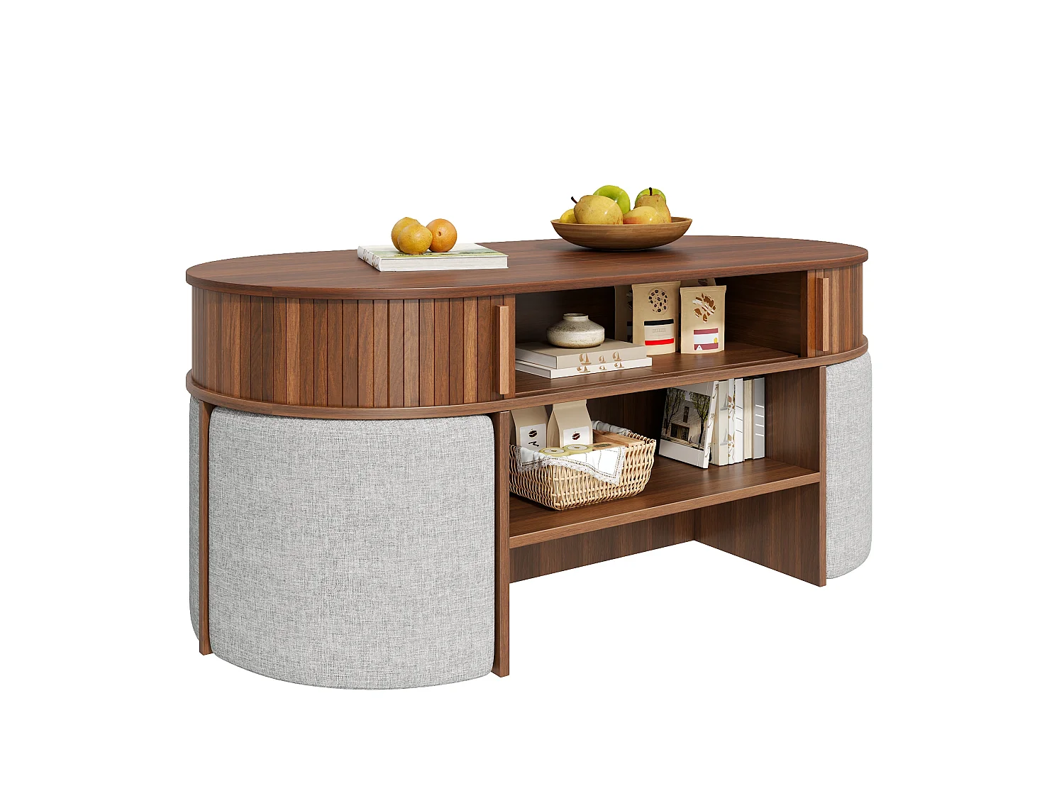 Ovale Couchtisch 120x60x51,5cm - Stoffhocker - 2 Schiebetüren - Spanplatten und MDF - Braun