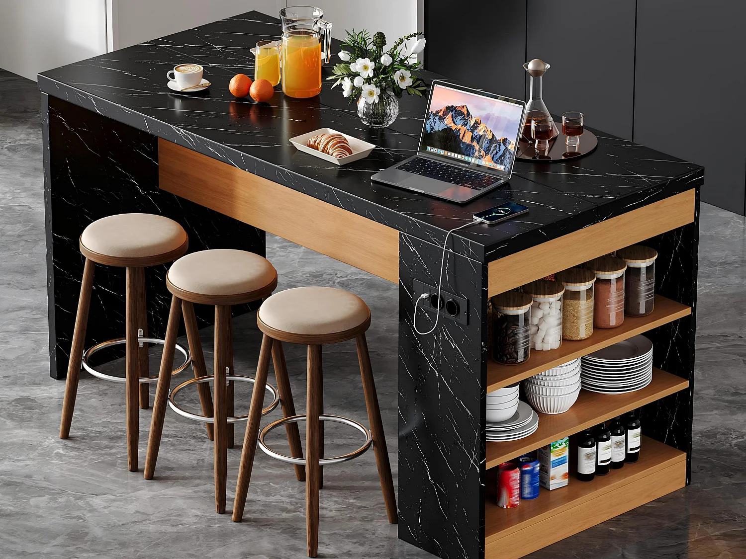 Îlot central de cuisine - avec éclairage LED et prise de courant (2xAC+2xUSB) - 3 étagères ouvertes - comptoir épais - Noir