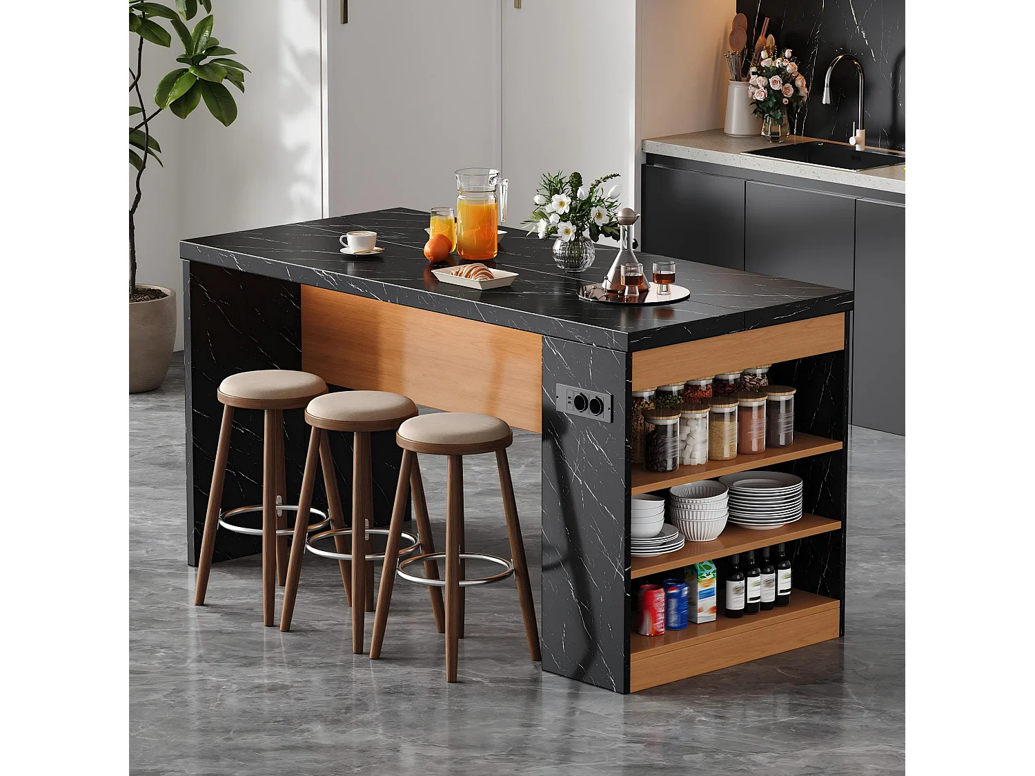 Îlot central de cuisine - avec éclairage LED et prise de courant (2xAC+2xUSB) - 3 étagères ouvertes - comptoir épais - Noir