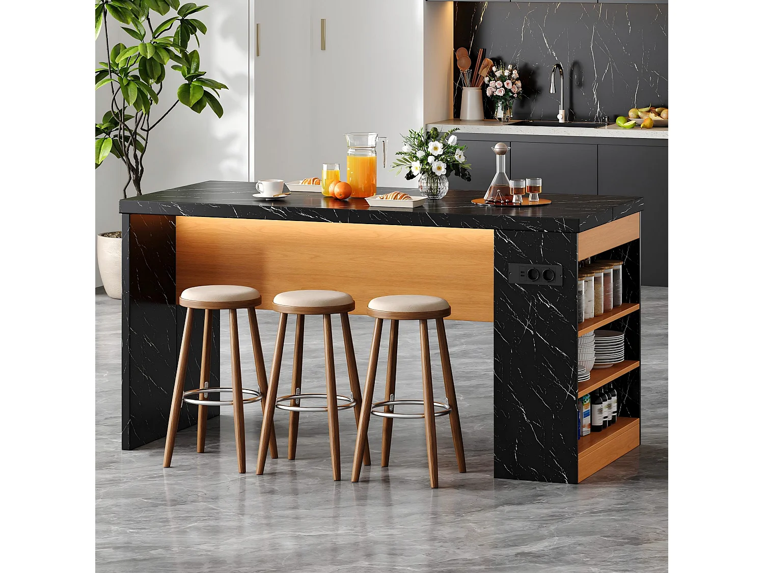 Îlot central de cuisine - avec éclairage LED et prise de courant (2xAC+2xUSB) - 3 étagères ouvertes - comptoir épais - Noir