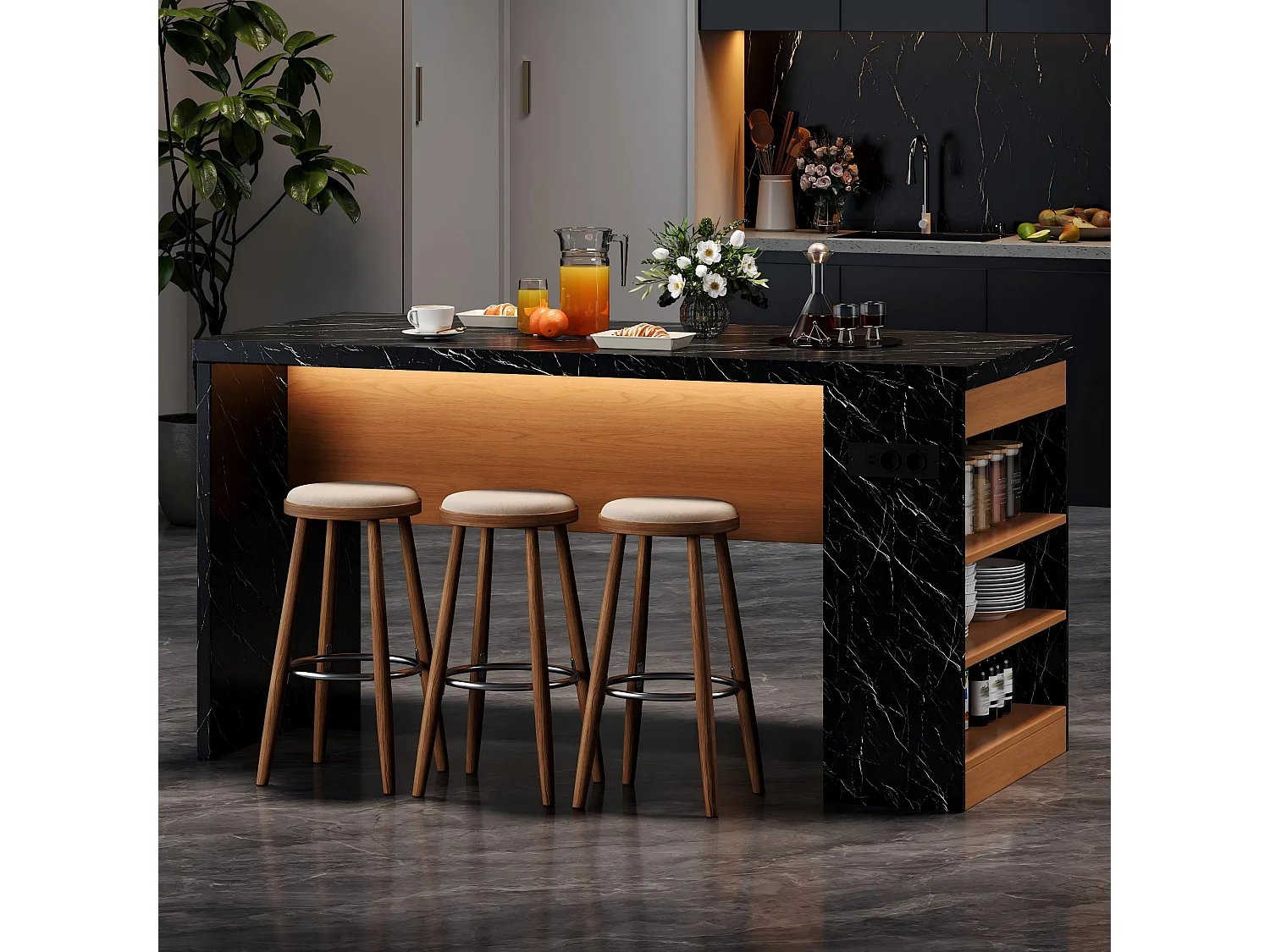 Îlot central de cuisine - avec éclairage LED et prise de courant (2xAC+2xUSB) - 3 étagères ouvertes - comptoir épais - Noir