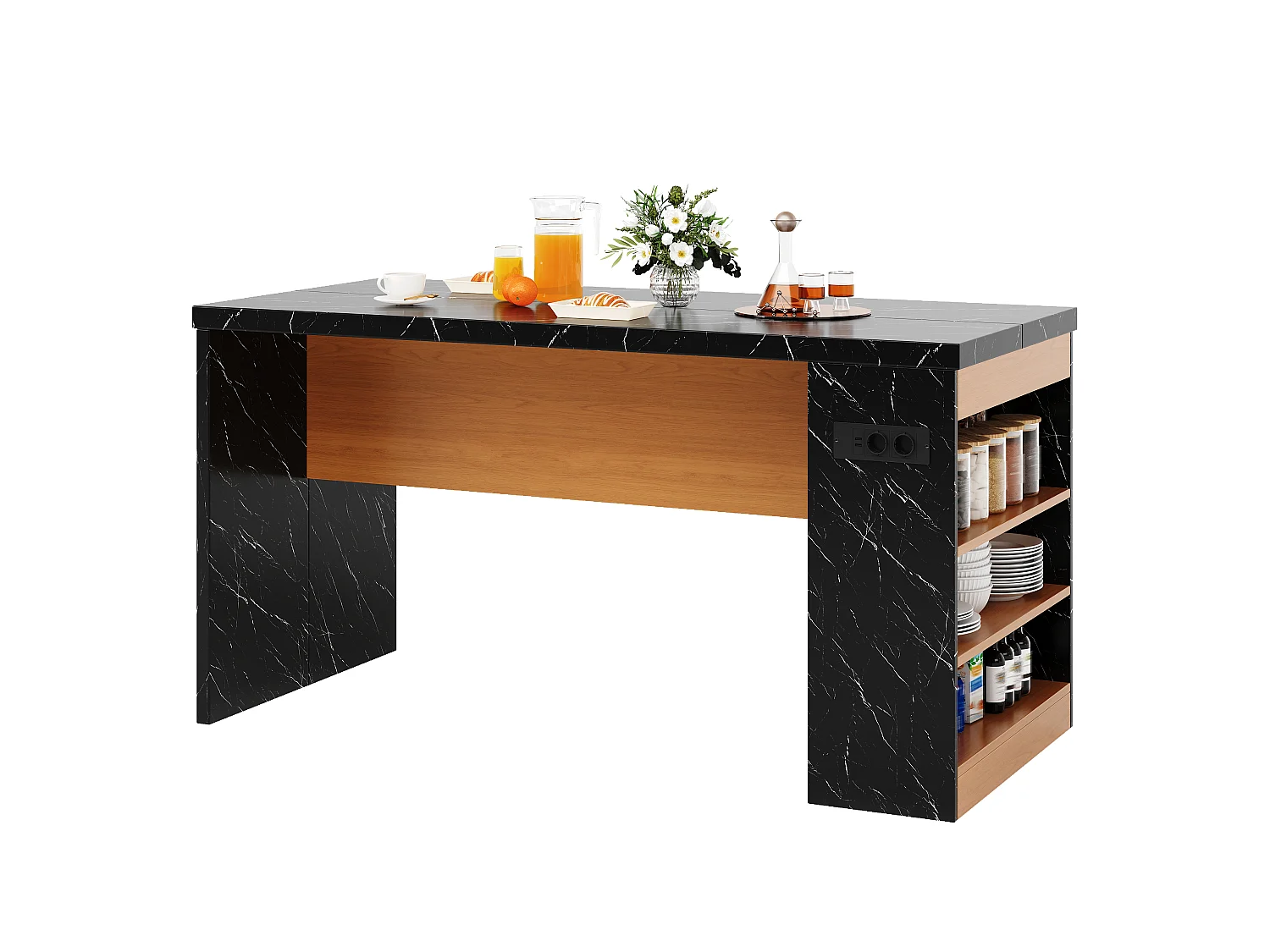 Îlot central de cuisine - avec éclairage LED et prise de courant (2xAC+2xUSB) - 3 étagères ouvertes - comptoir épais - Noir