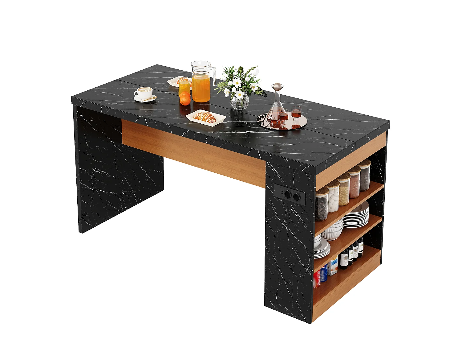 Îlot central de cuisine - avec éclairage LED et prise de courant (2xAC+2xUSB) - 3 étagères ouvertes - comptoir épais - Noir