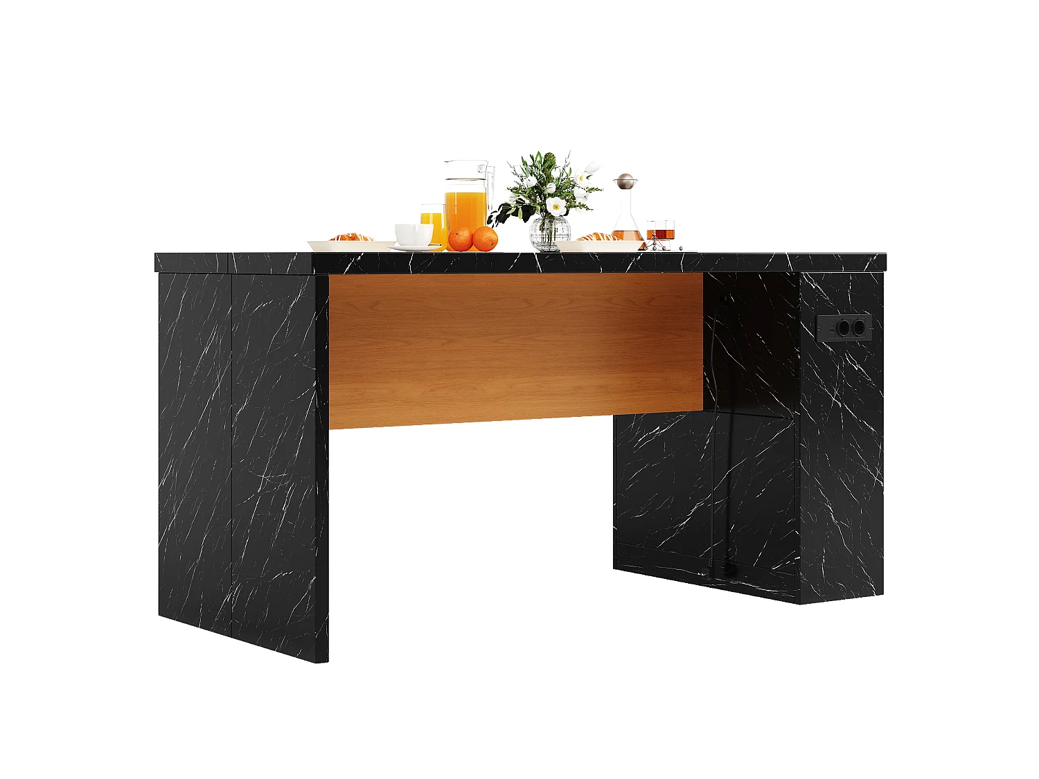 Îlot central de cuisine - avec éclairage LED et prise de courant (2xAC+2xUSB) - 3 étagères ouvertes - comptoir épais - Noir
