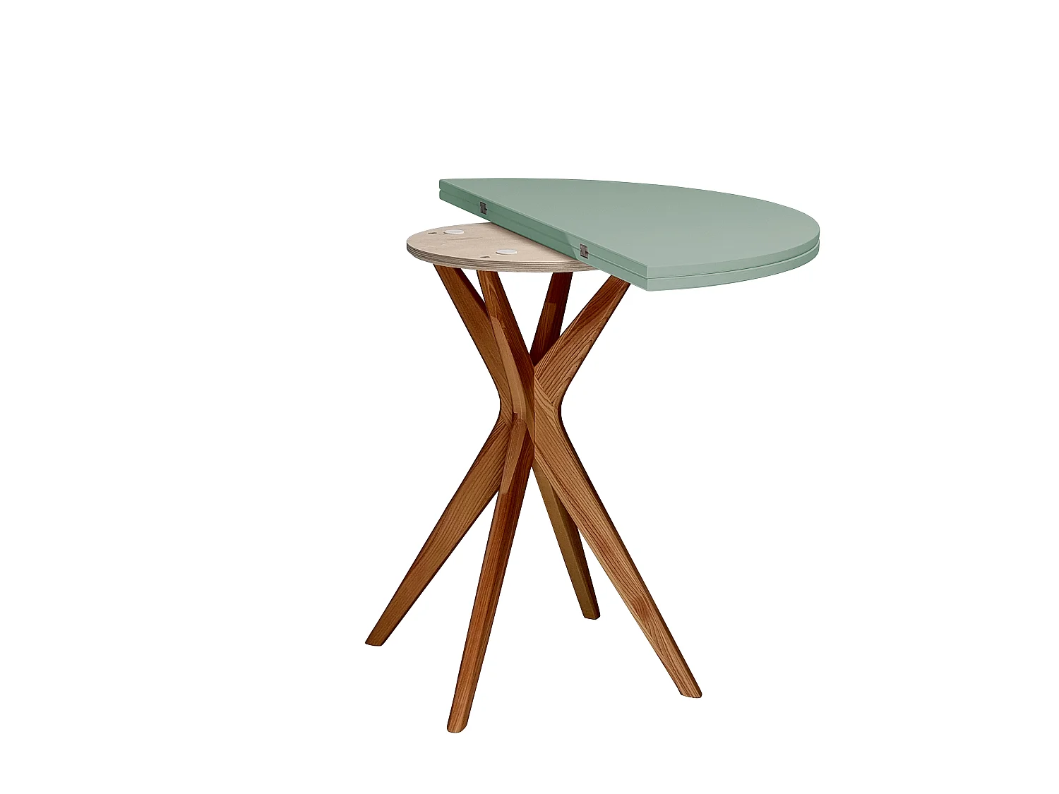 Table à manger demi-ronde extensible Jubi 100 cm, 2 personnes - Vert Sauge | Pieds en frêne massif teinté chêne