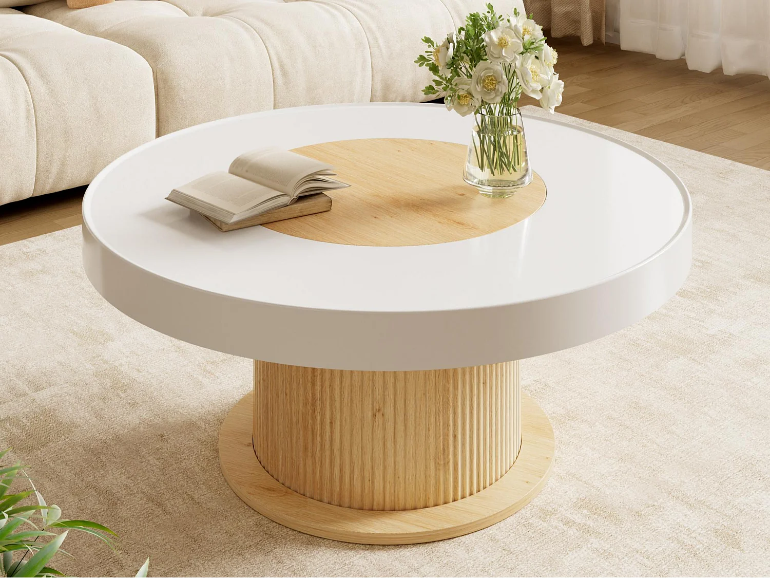 Moderner runder Couchtisch 75 x 75 x 39 cm - Geriffelter zylindrischer Fuß - MDF+PVC - Weiß + Natur