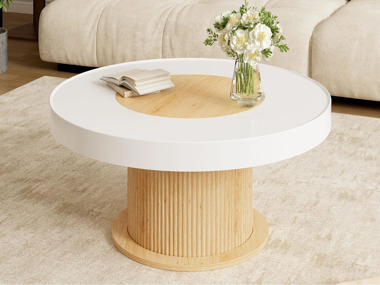 Moderner runder Couchtisch 75 x 75 x 39 cm - Geriffelter zylindrischer Fuß - MDF+PVC - Weiß + Natur