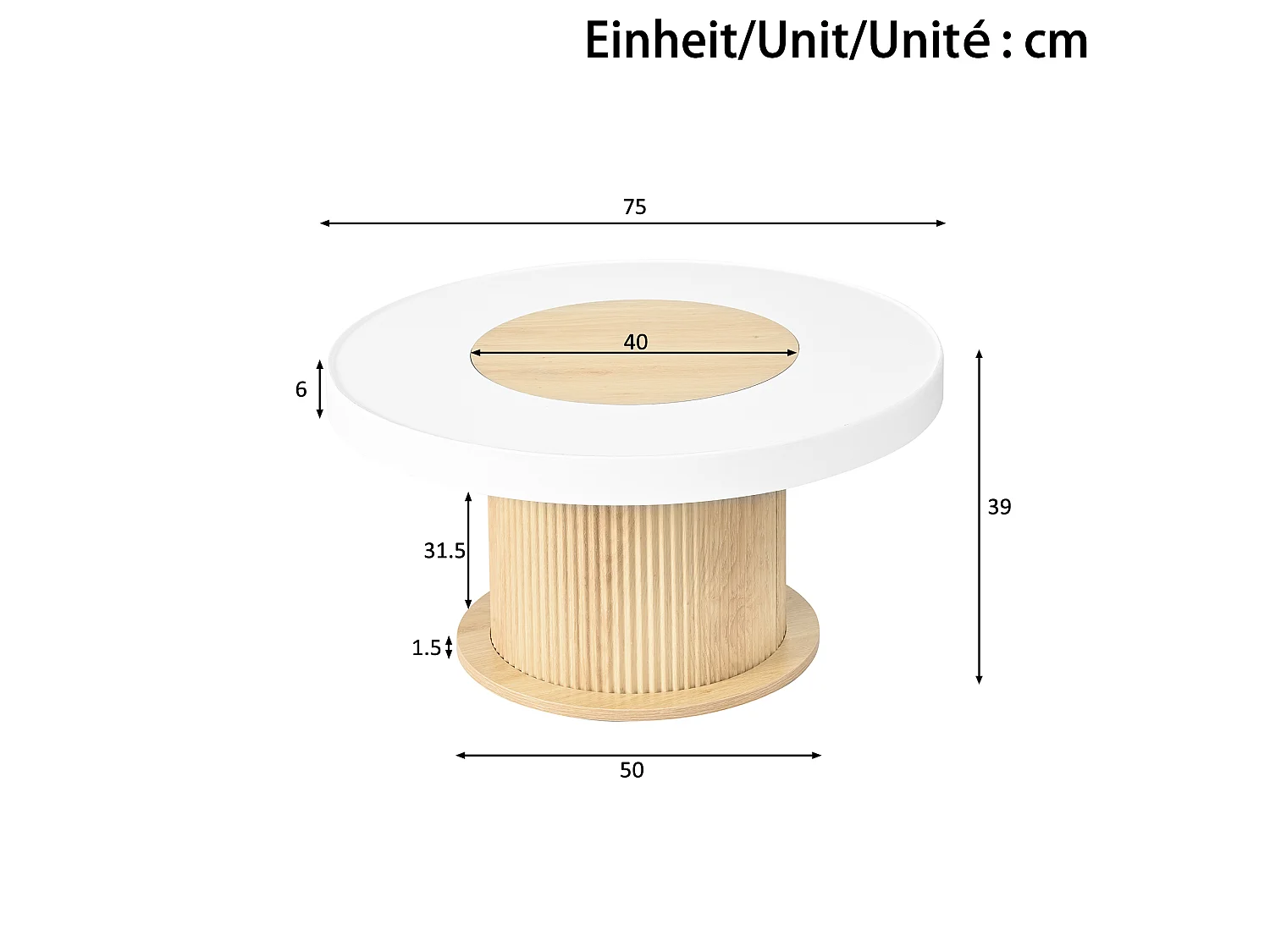 Moderner runder Couchtisch 75 x 75 x 39 cm - Geriffelter zylindrischer Fuß - MDF+PVC - Weiß + Natur