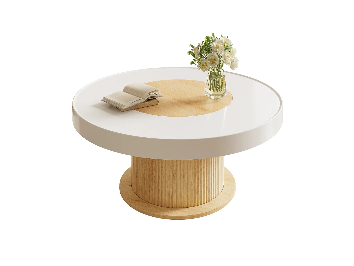 Moderner runder Couchtisch 75 x 75 x 39 cm - Geriffelter zylindrischer Fuß - MDF+PVC - Weiß + Natur
