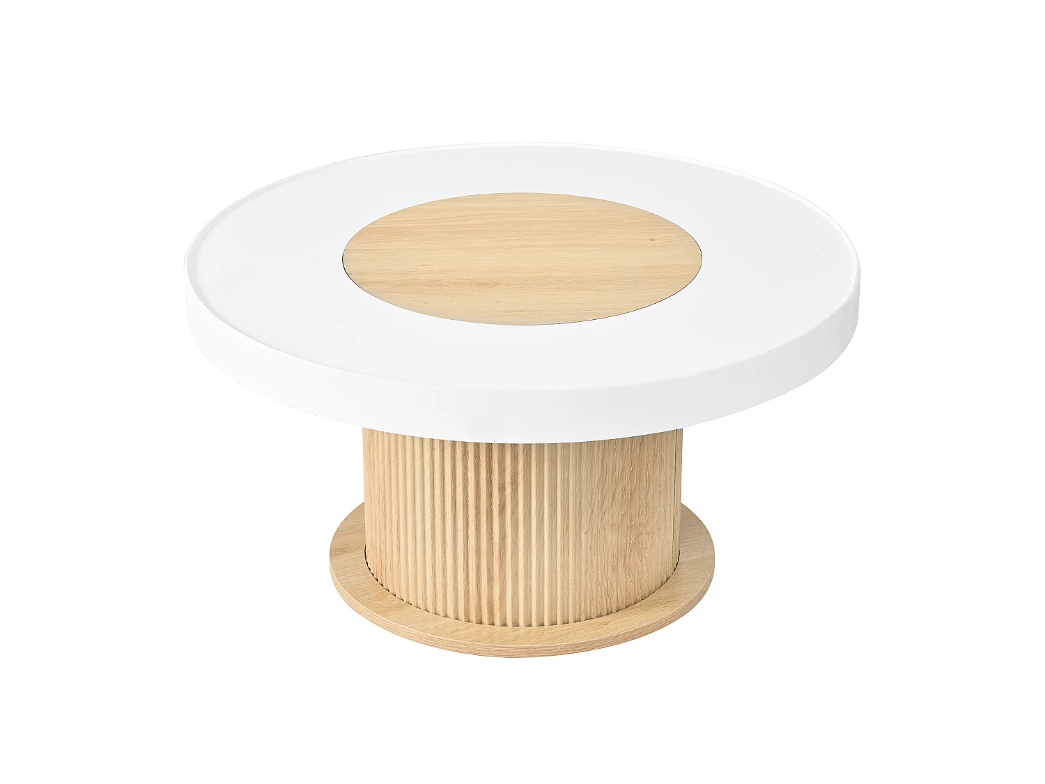 Moderner runder Couchtisch 75 x 75 x 39 cm - Geriffelter zylindrischer Fuß - MDF+PVC - Weiß + Natur