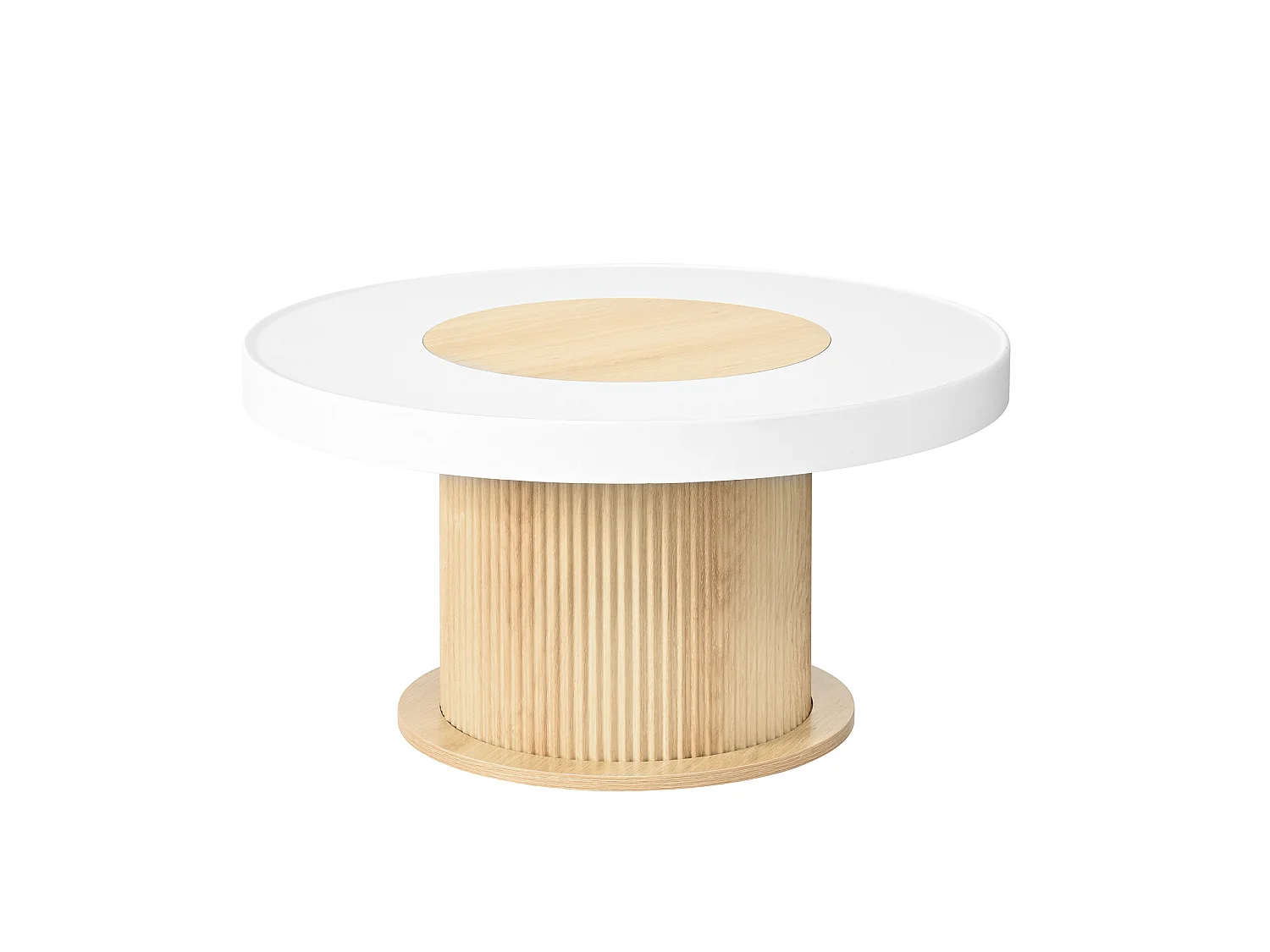 Moderner runder Couchtisch 75 x 75 x 39 cm - Geriffelter zylindrischer Fuß - MDF+PVC - Weiß + Natur