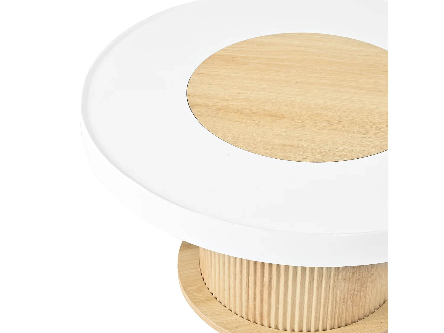 Moderner runder Couchtisch 75 x 75 x 39 cm - Geriffelter zylindrischer Fuß - MDF+PVC - Weiß + Natur