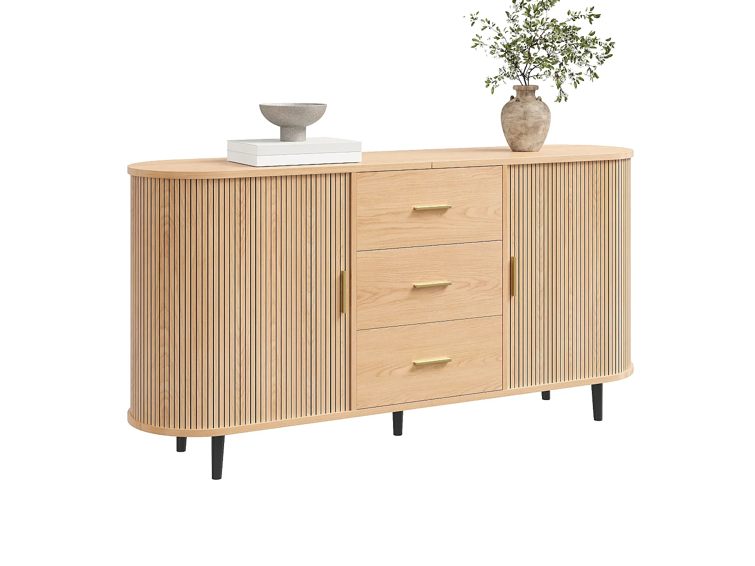 Ovaal dressoir 160 × 40 × 80,5 cm - 3 laden en 2 schuifdeuren - Metalen handgrepen en poten - MDF - Naturel