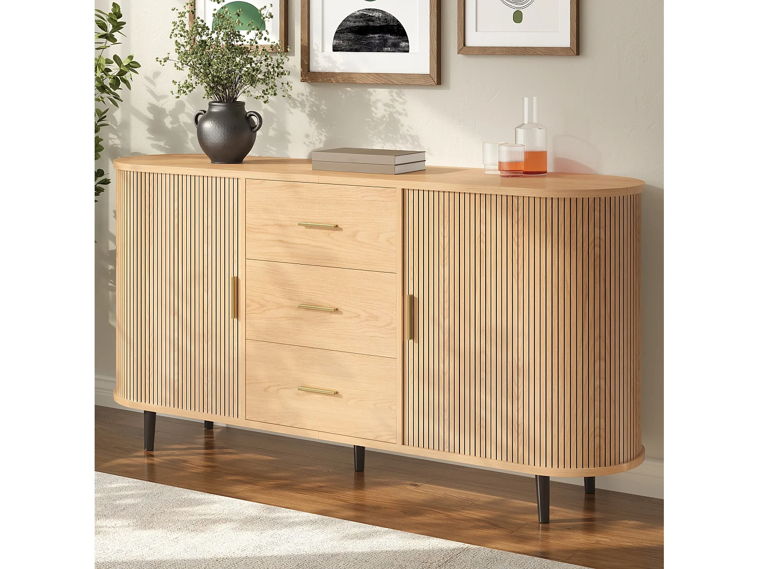 Ovaal dressoir 160 × 40 × 80,5 cm - 3 laden en 2 schuifdeuren - Metalen handgrepen en poten - MDF - Naturel