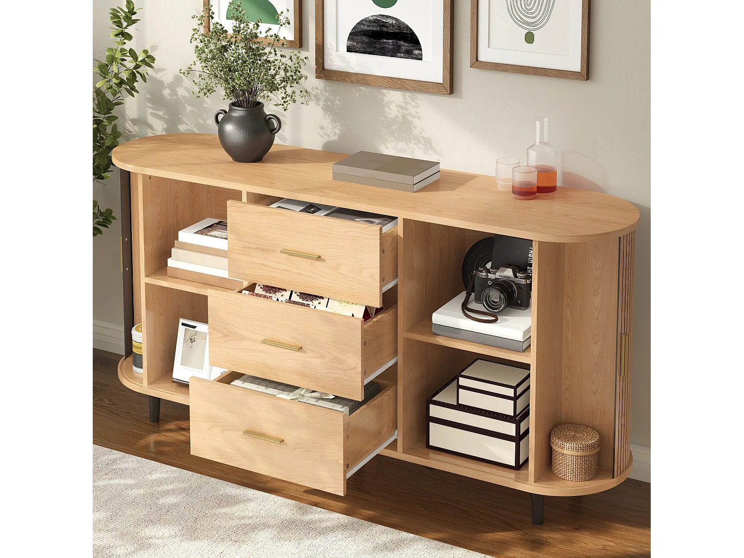 Ovaal dressoir 160 × 40 × 80,5 cm - 3 laden en 2 schuifdeuren - Metalen handgrepen en poten - MDF - Naturel