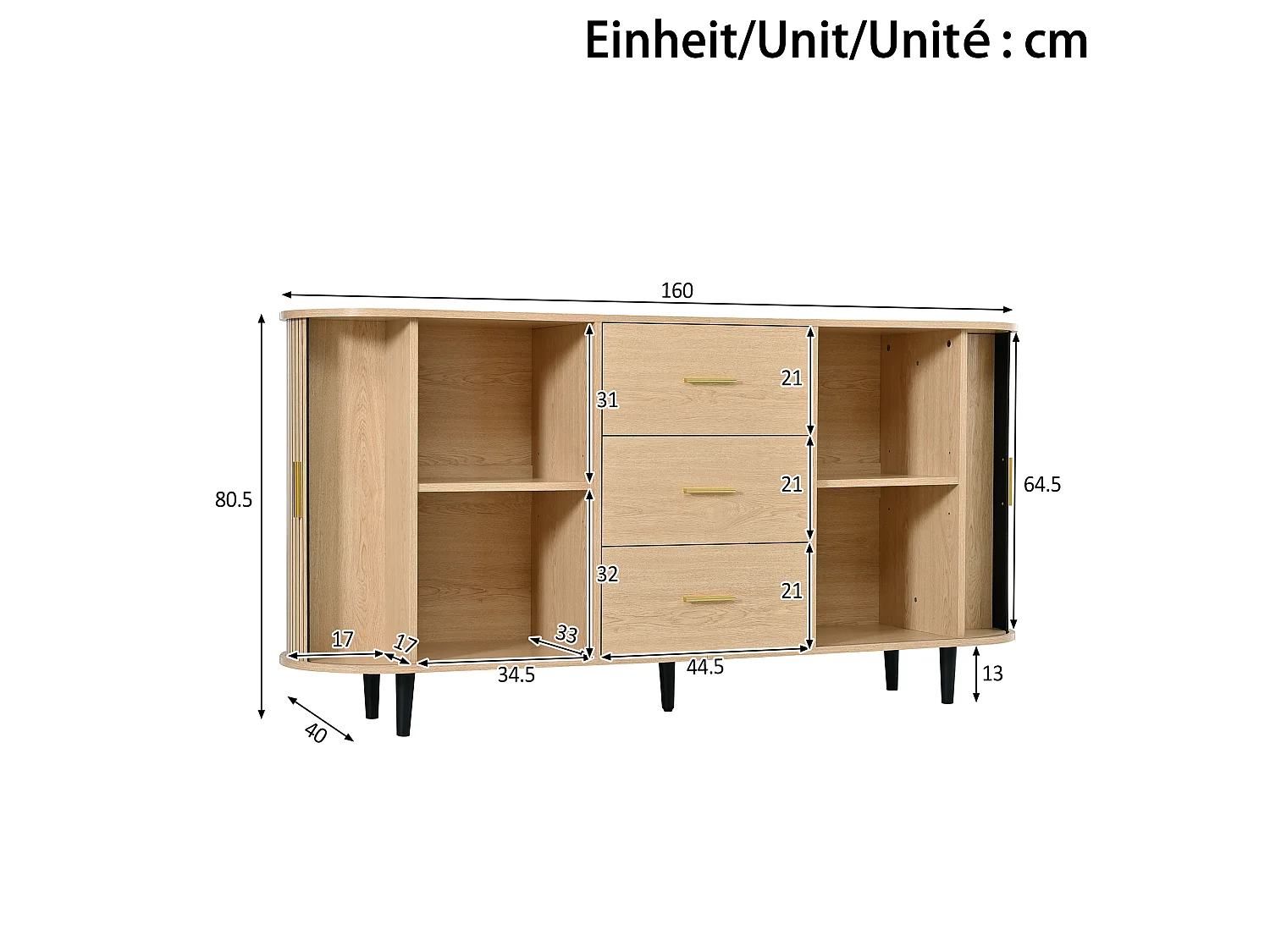 Ovaal dressoir 160 × 40 × 80,5 cm - 3 laden en 2 schuifdeuren - Metalen handgrepen en poten - MDF - Naturel