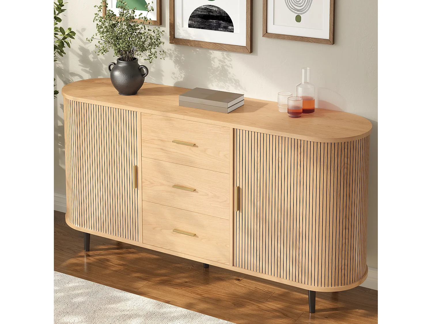 Ovaal dressoir 160 × 40 × 80,5 cm - 3 laden en 2 schuifdeuren - Metalen handgrepen en poten - MDF - Naturel