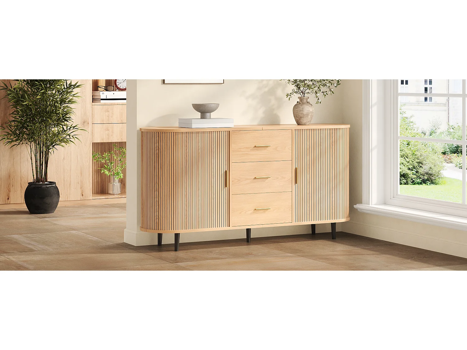 Ovaal dressoir 160 × 40 × 80,5 cm - 3 laden en 2 schuifdeuren - Metalen handgrepen en poten - MDF - Naturel