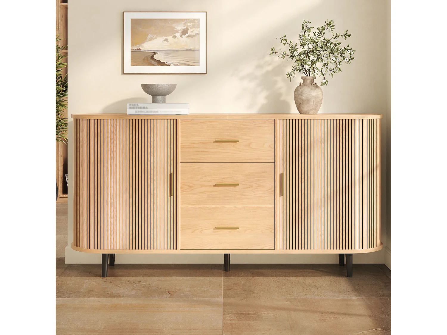 Ovaal dressoir 160 × 40 × 80,5 cm - 3 laden en 2 schuifdeuren - Metalen handgrepen en poten - MDF - Naturel