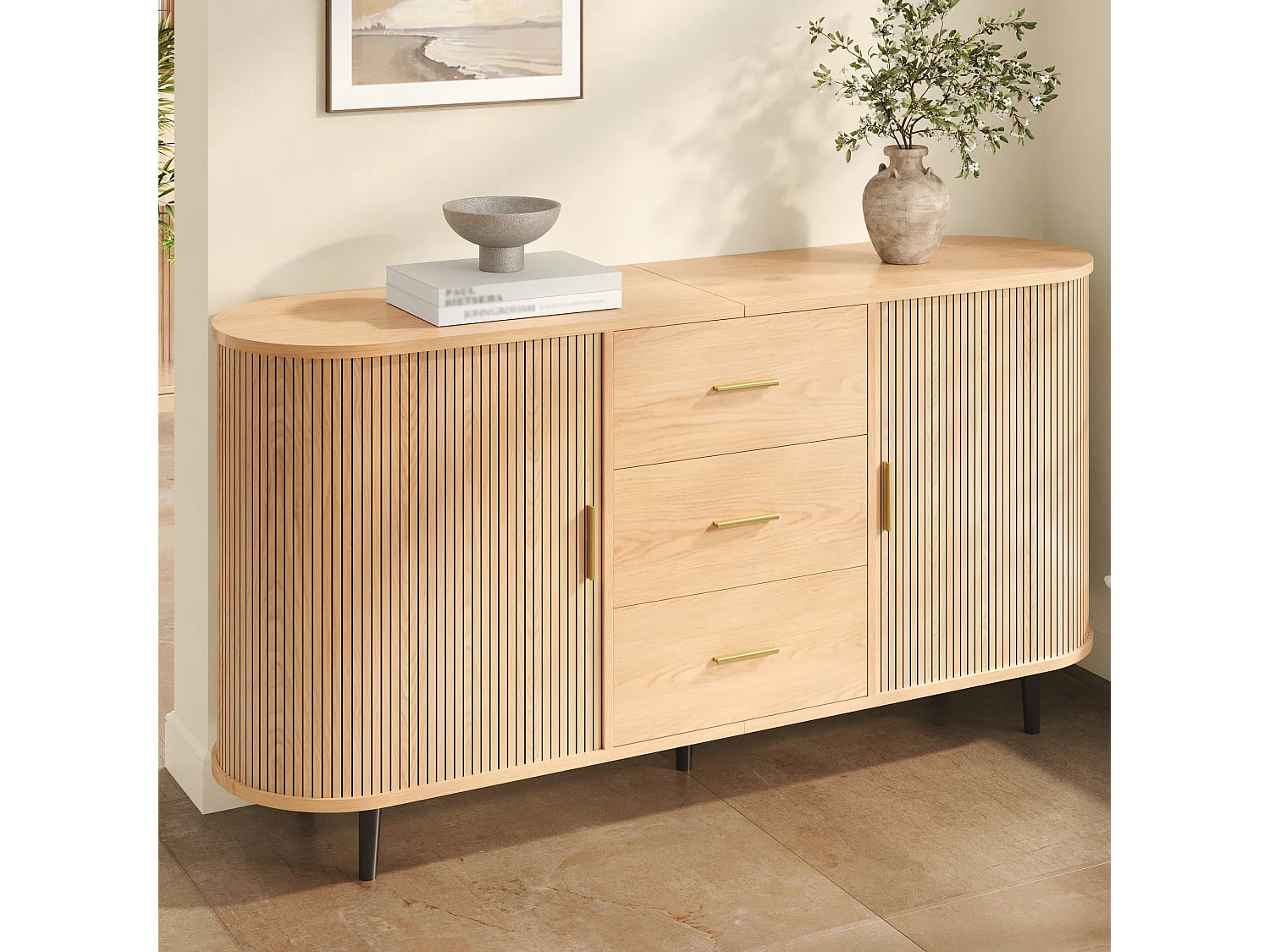 Ovaal dressoir 160 × 40 × 80,5 cm - 3 laden en 2 schuifdeuren - Metalen handgrepen en poten - MDF - Naturel
