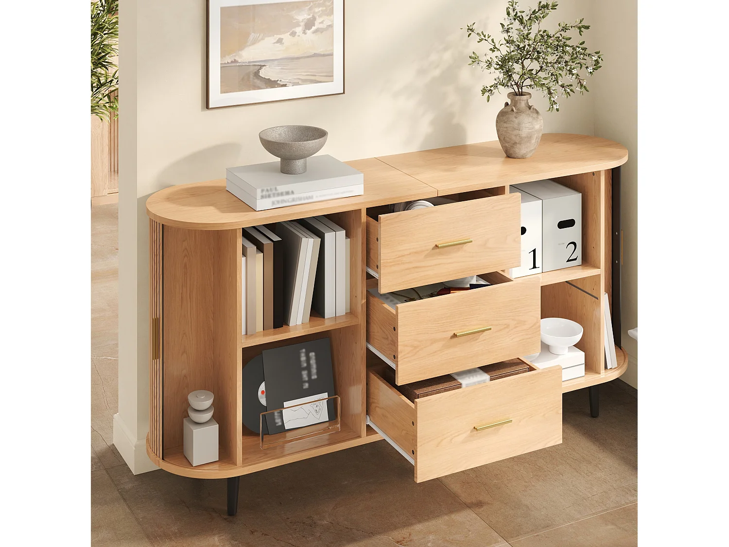 Ovaal dressoir 160 × 40 × 80,5 cm - 3 laden en 2 schuifdeuren - Metalen handgrepen en poten - MDF - Naturel