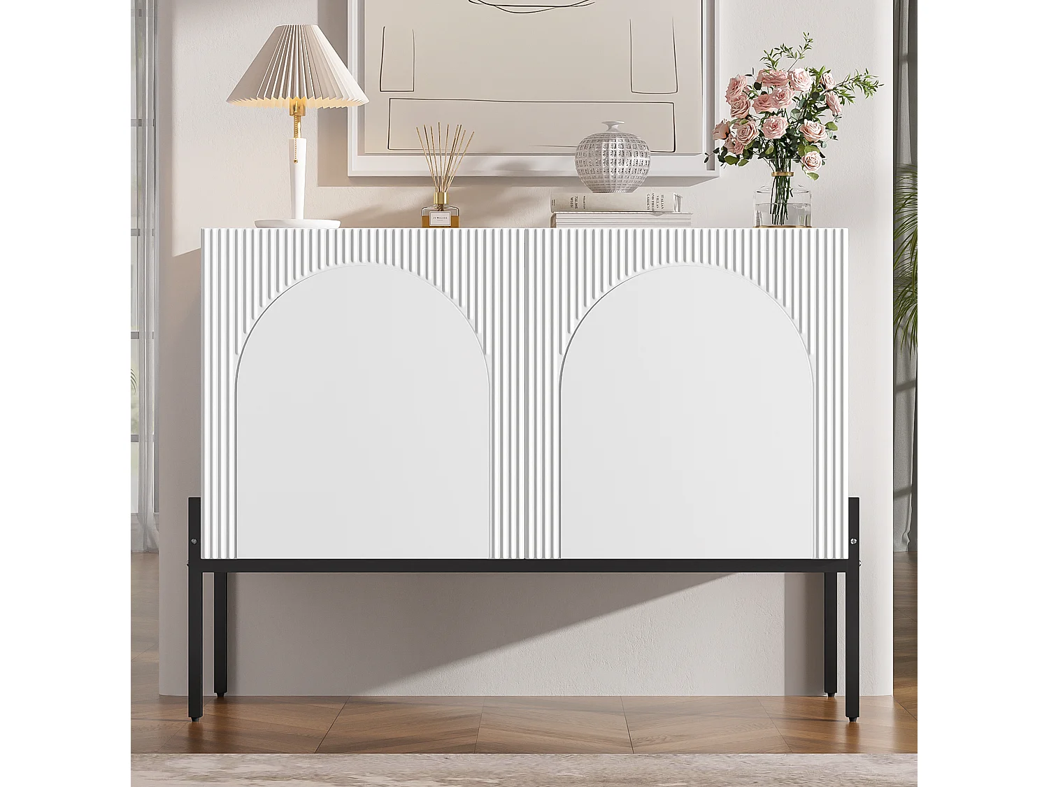 Buffet moderne 100x40x75cm - avec 2 portes - pieds en métal - conception de lignes courbes - panneau de particules - Blanc