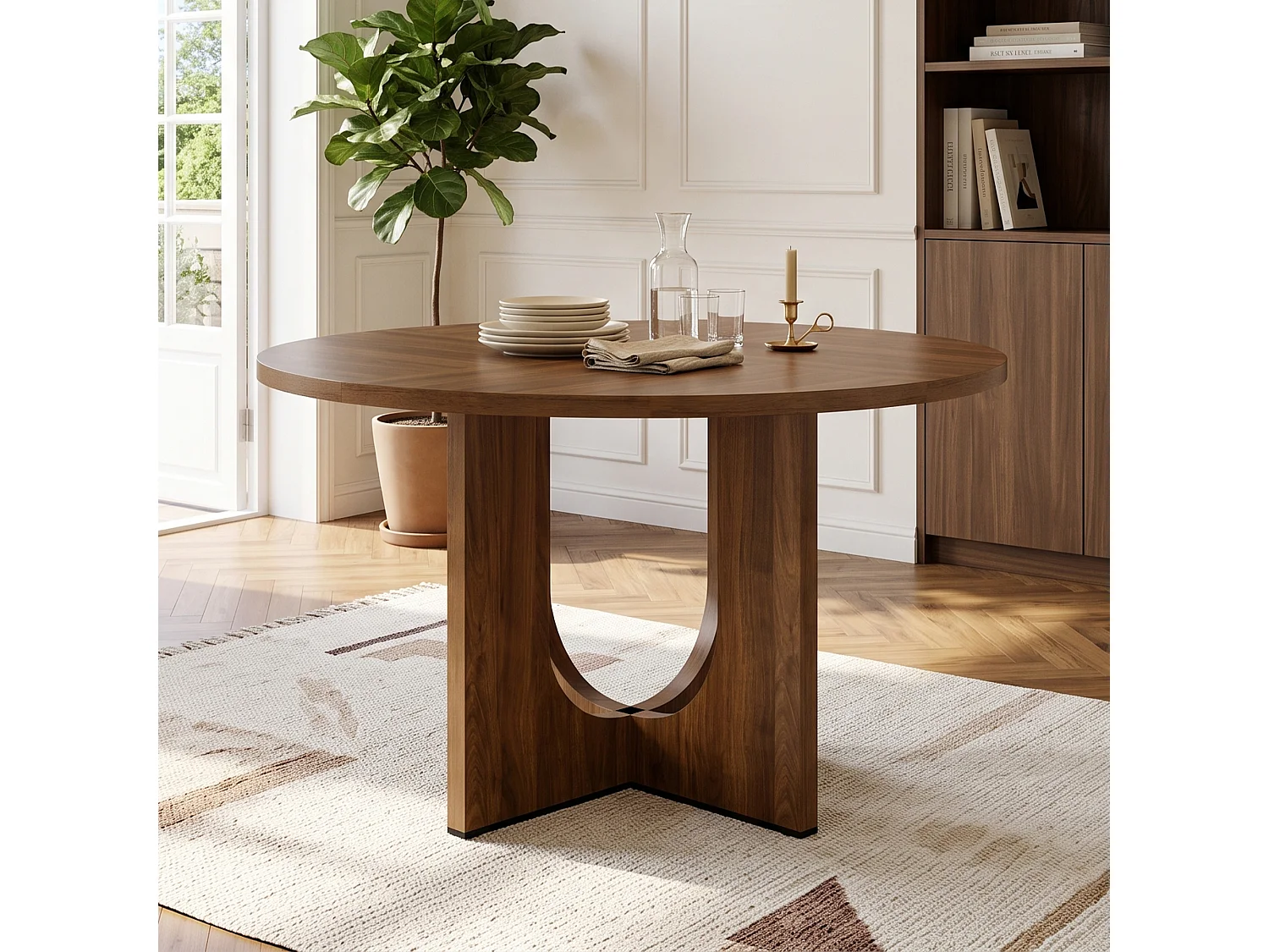 Round dining table 120x120x75 cm - 4 to 6 people - Minimalist style - Oak veneer - MDF - Brown