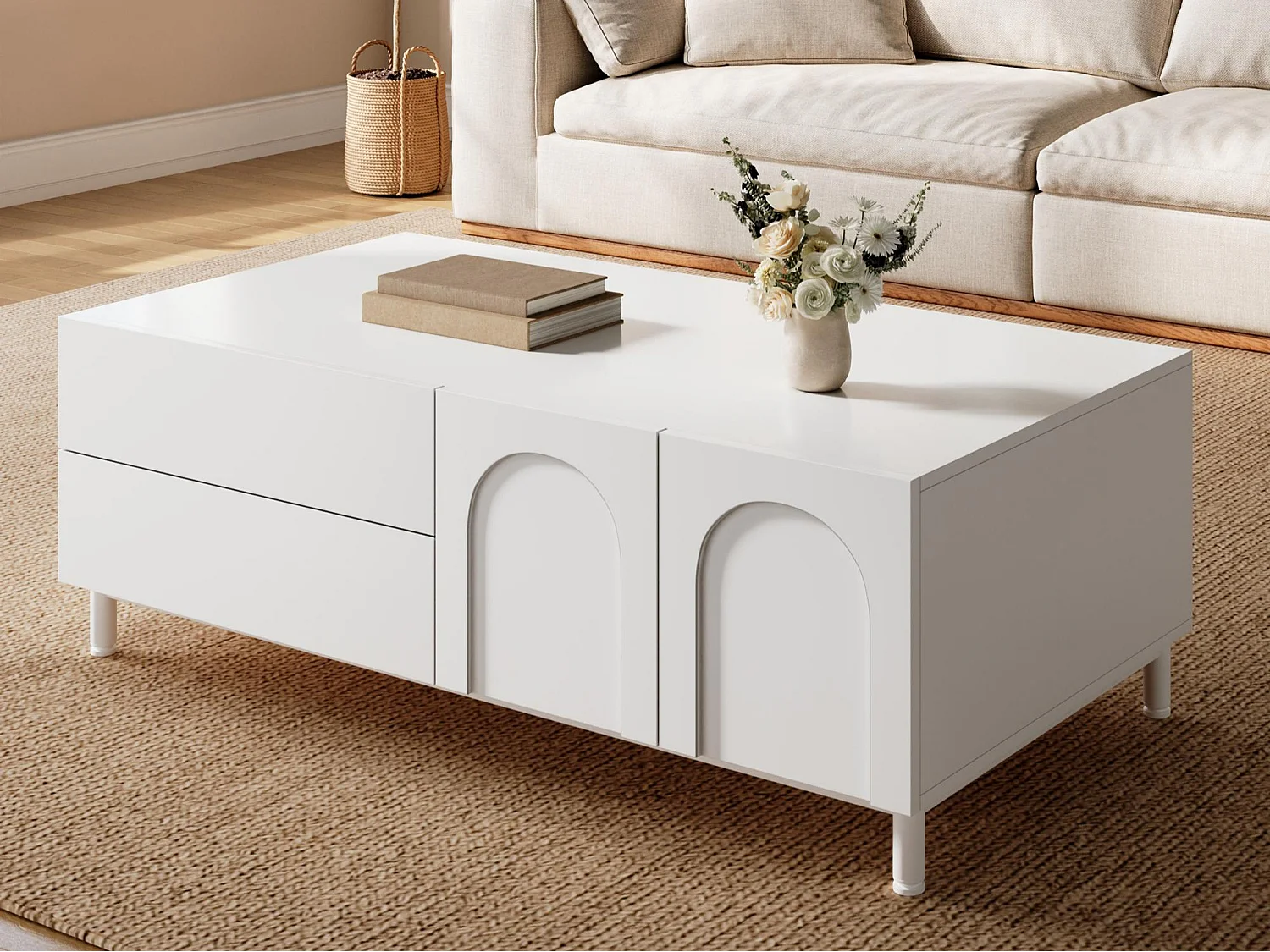 Rechteckiger Couchtisch 100x50x39,5 cm - 1 Tür und 2 Schubladen - Geschwungene Dekoration - Spanplatten und MDF - Weiß