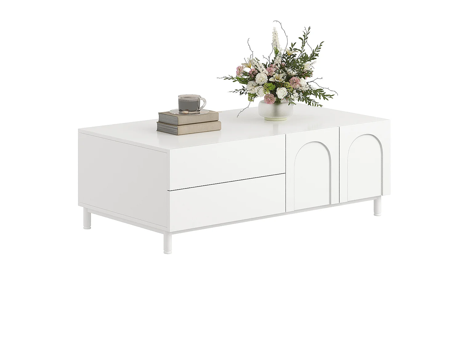 Rechteckiger Couchtisch 100x50x39,5 cm - 1 Tür und 2 Schubladen - Geschwungene Dekoration - Spanplatten und MDF - Weiß