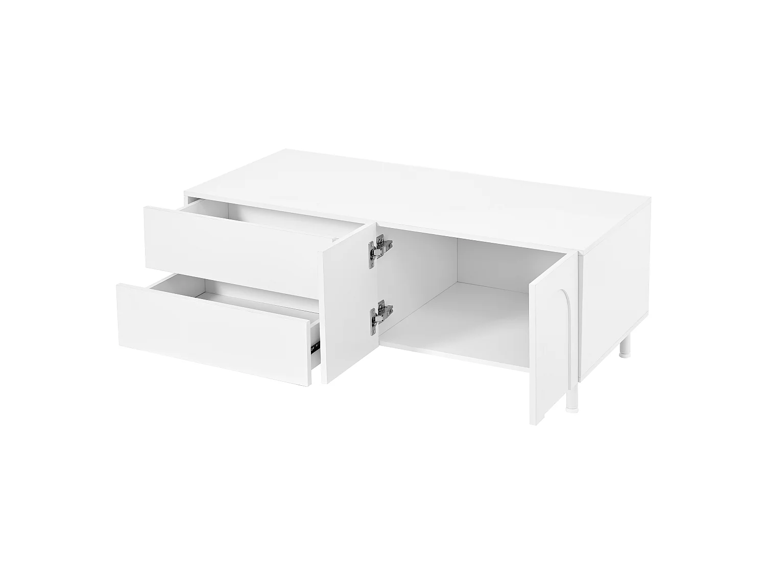 Rechteckiger Couchtisch 100x50x39,5 cm - 1 Tür und 2 Schubladen - Geschwungene Dekoration - Spanplatten und MDF - Weiß