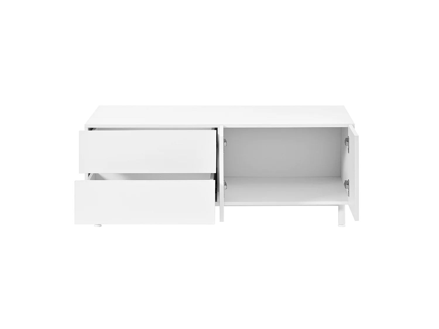 Rechteckiger Couchtisch 100x50x39,5 cm - 1 Tür und 2 Schubladen - Geschwungene Dekoration - Spanplatten und MDF - Weiß