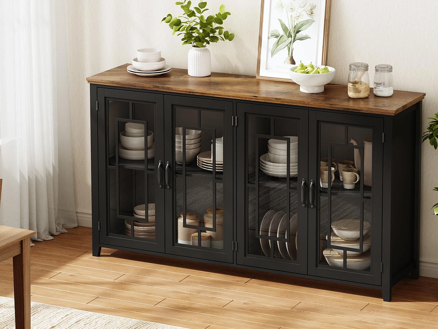 Buffet moderno 160x40x86cm - con 4 ante in vetro - piano in legno effetto legno - Nero