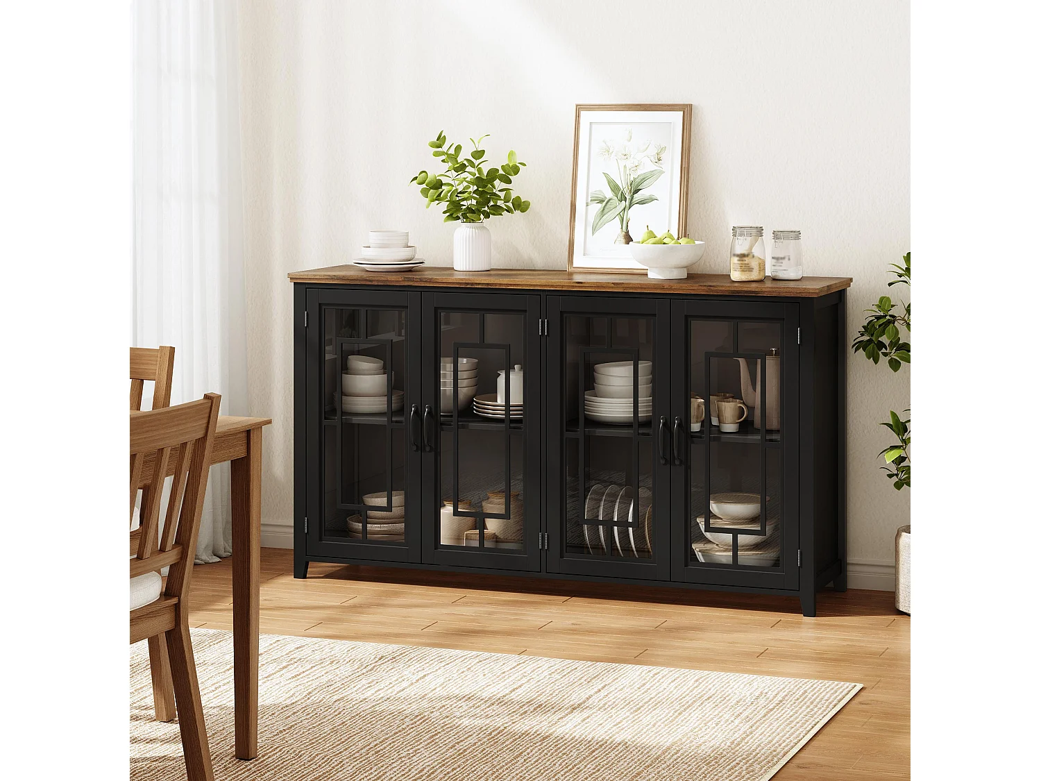 Buffet moderno 160x40x86cm - con 4 ante in vetro - piano in legno effetto legno - Nero