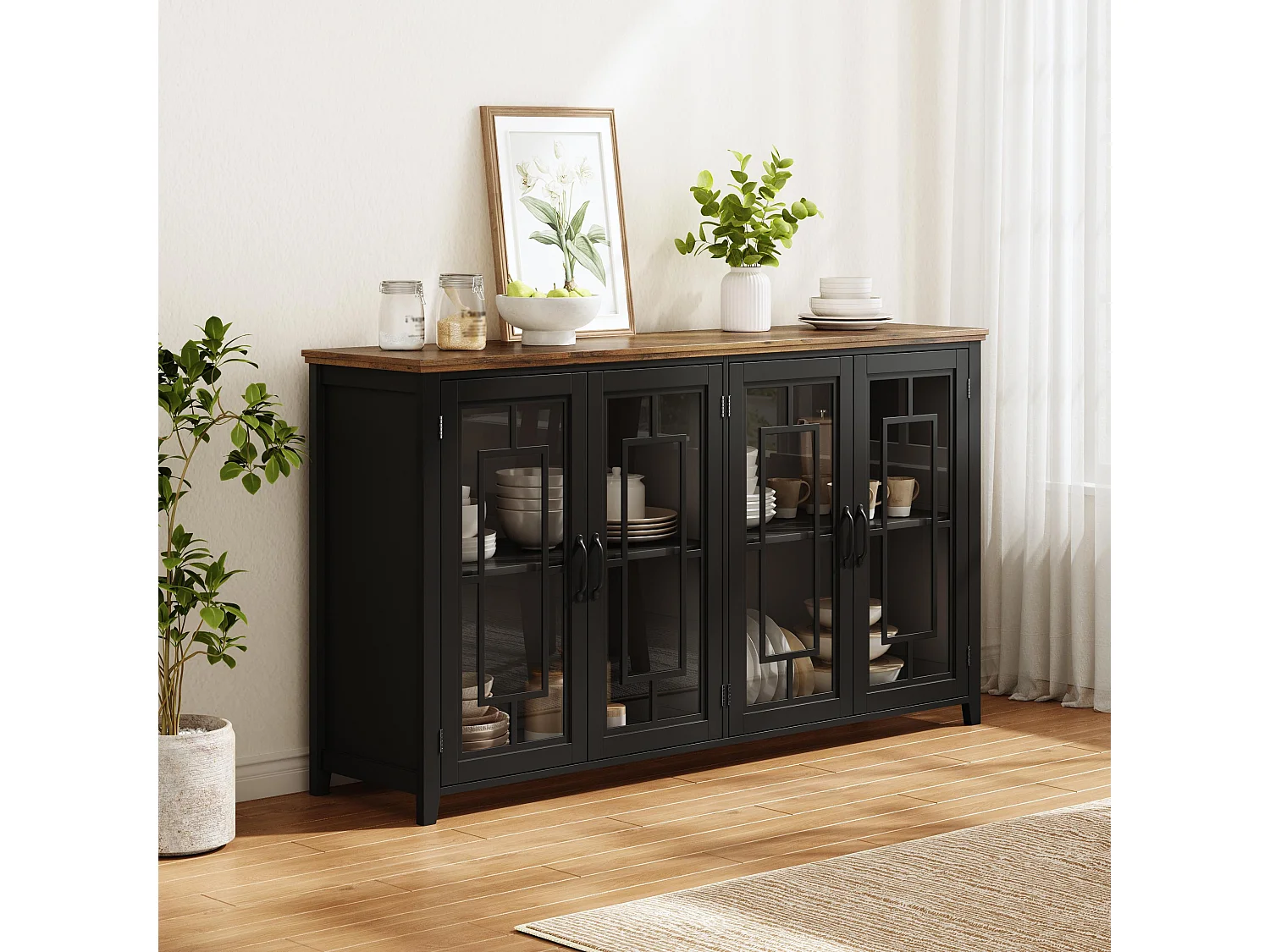 Buffet moderno 160x40x86cm - con 4 ante in vetro - piano in legno effetto legno - Nero