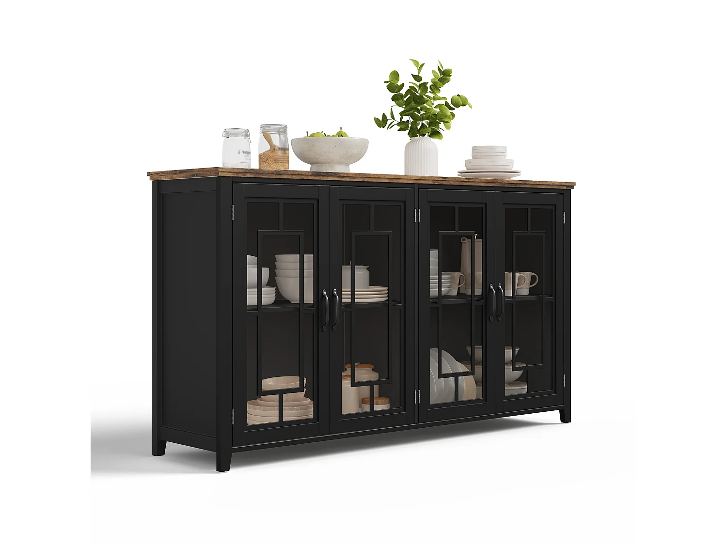 Buffet moderno 160x40x86cm - con 4 ante in vetro - piano in legno effetto legno - Nero