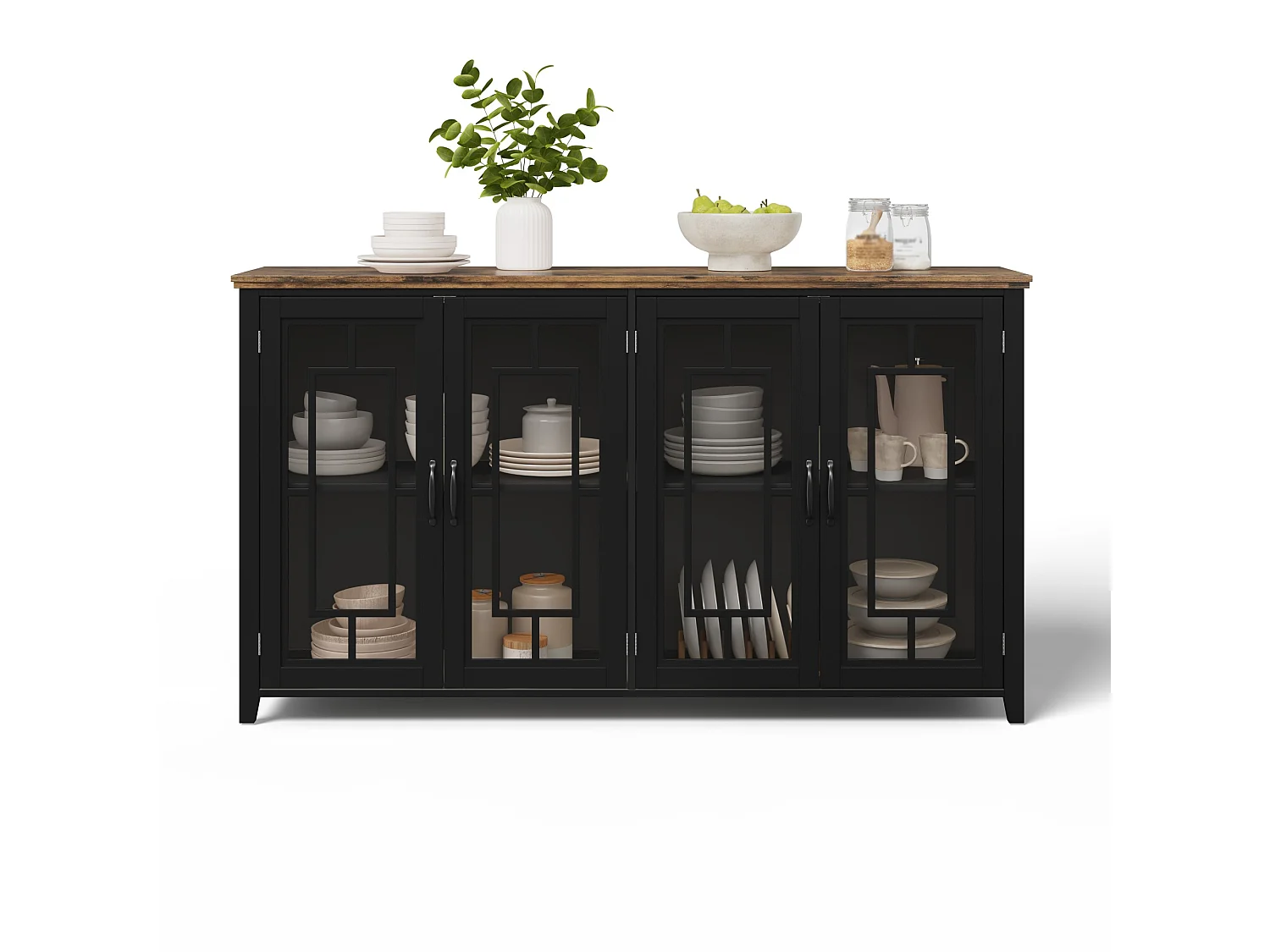 Buffet moderno 160x40x86cm - con 4 ante in vetro - piano in legno effetto legno - Nero