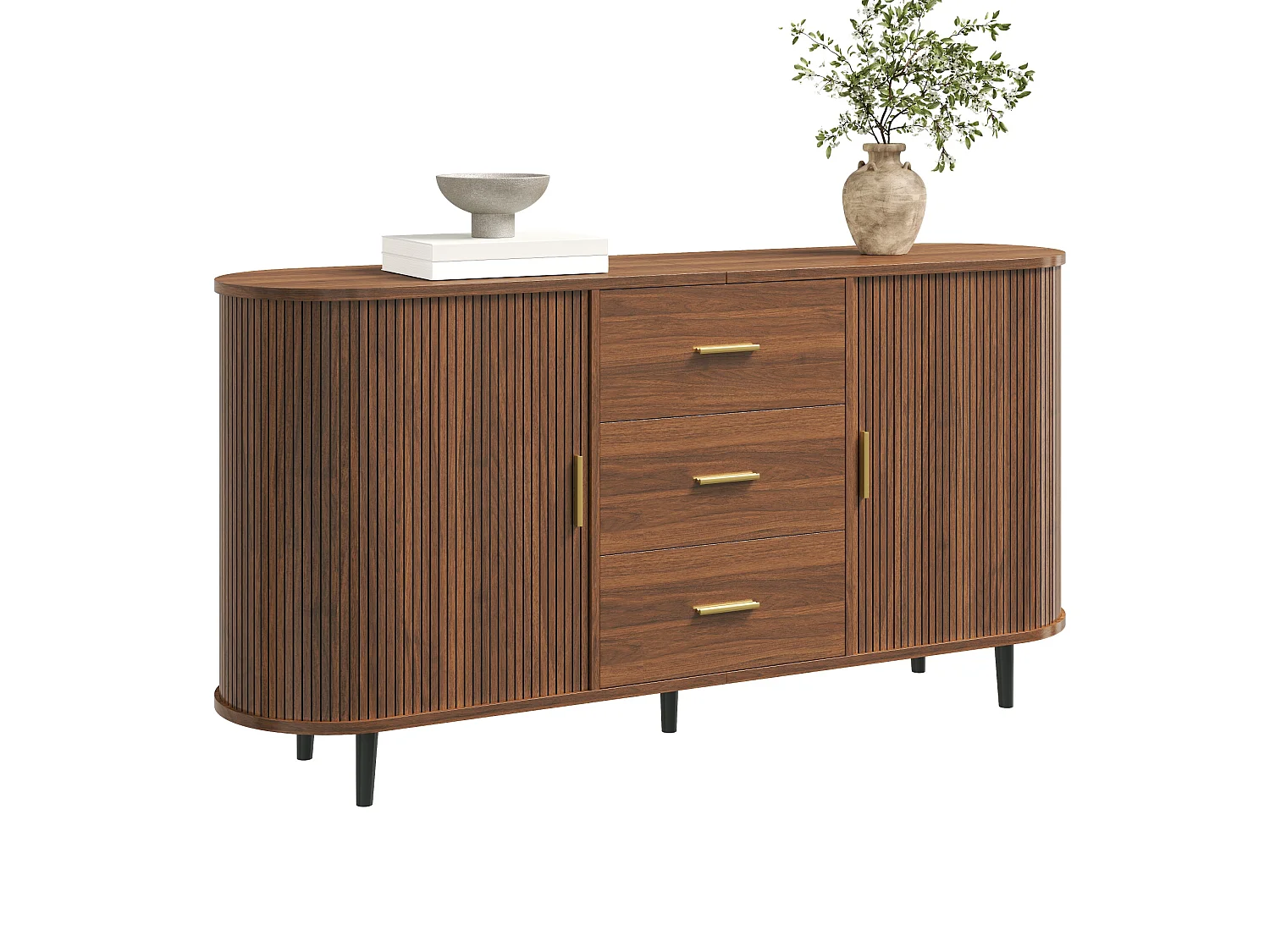 Ovaal dressoir 160 × 40 × 80,5 cm - 3 laden en 2 schuifdeuren - Metalen handgrepen en poten - MDF - Bruin