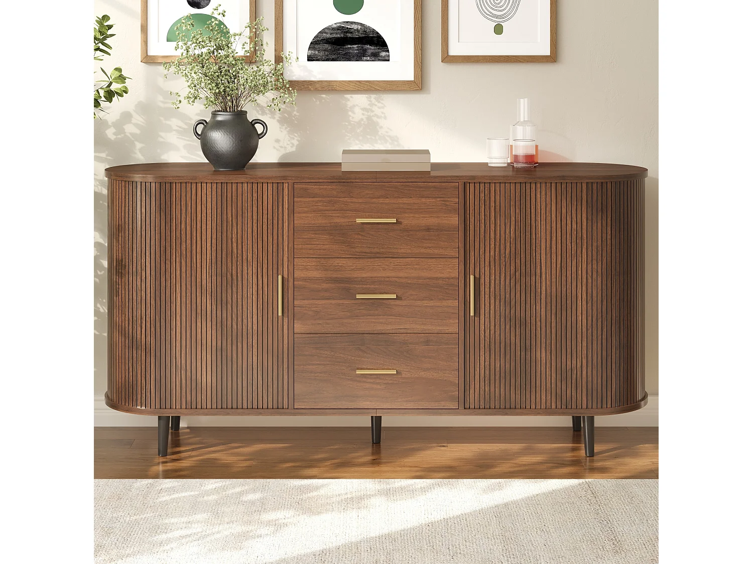 Ovaal dressoir 160 × 40 × 80,5 cm - 3 laden en 2 schuifdeuren - Metalen handgrepen en poten - MDF - Bruin