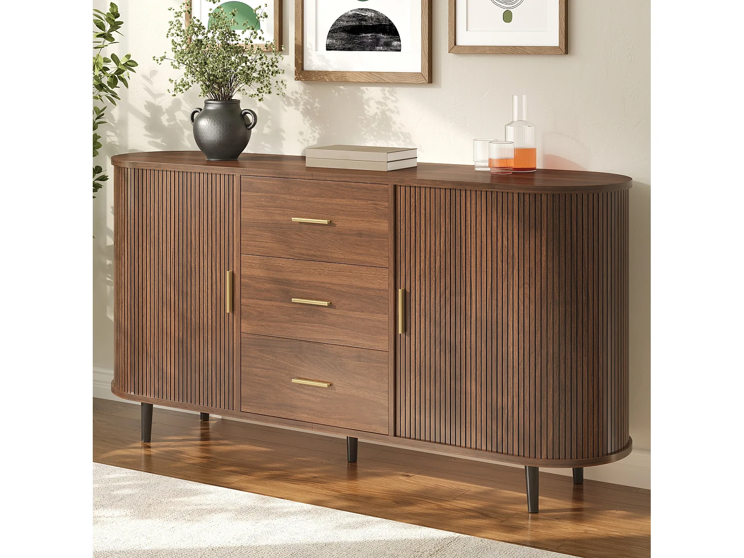 Ovaal dressoir 160 × 40 × 80,5 cm - 3 laden en 2 schuifdeuren - Metalen handgrepen en poten - MDF - Bruin
