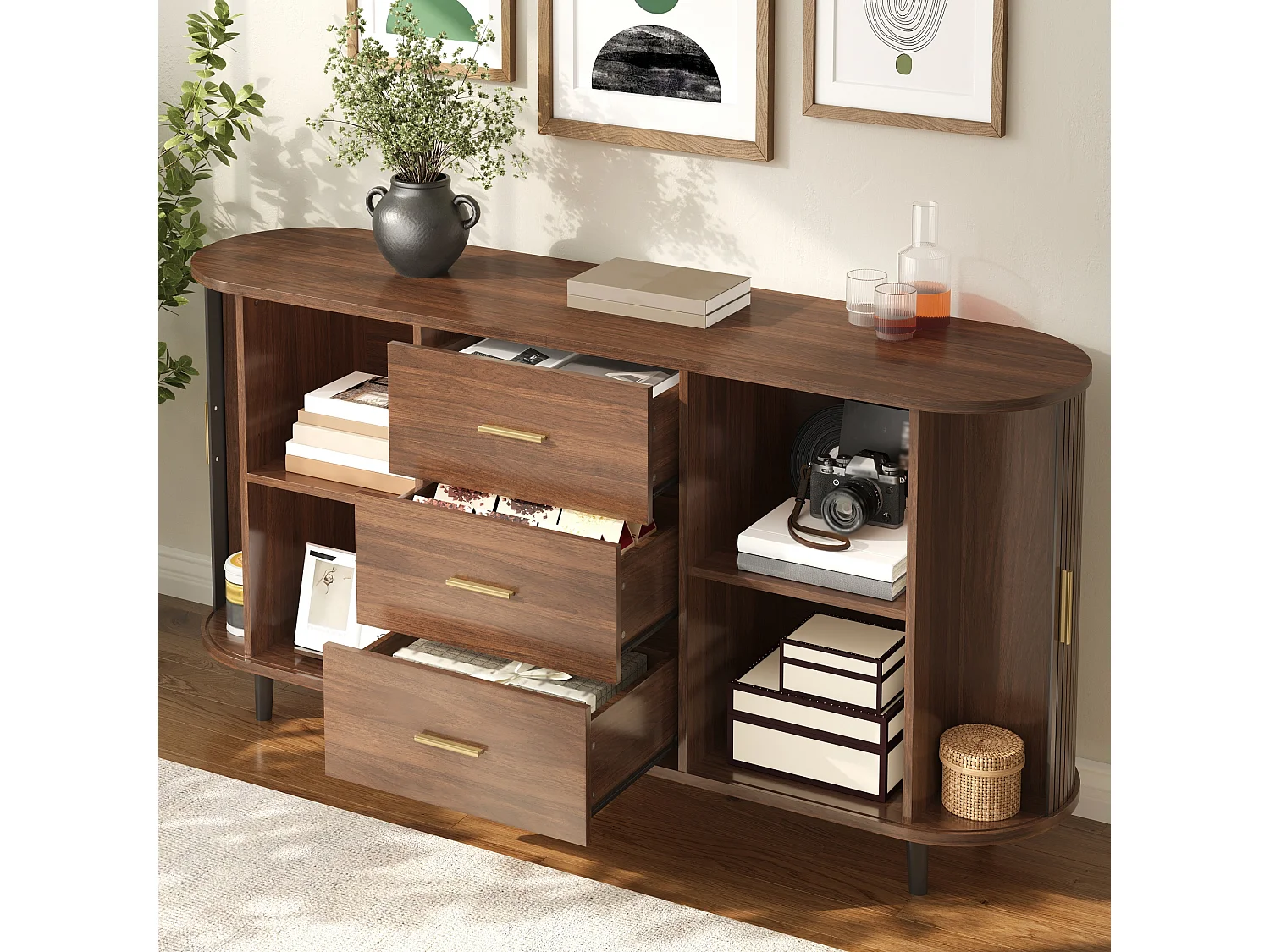 Ovaal dressoir 160 × 40 × 80,5 cm - 3 laden en 2 schuifdeuren - Metalen handgrepen en poten - MDF - Bruin