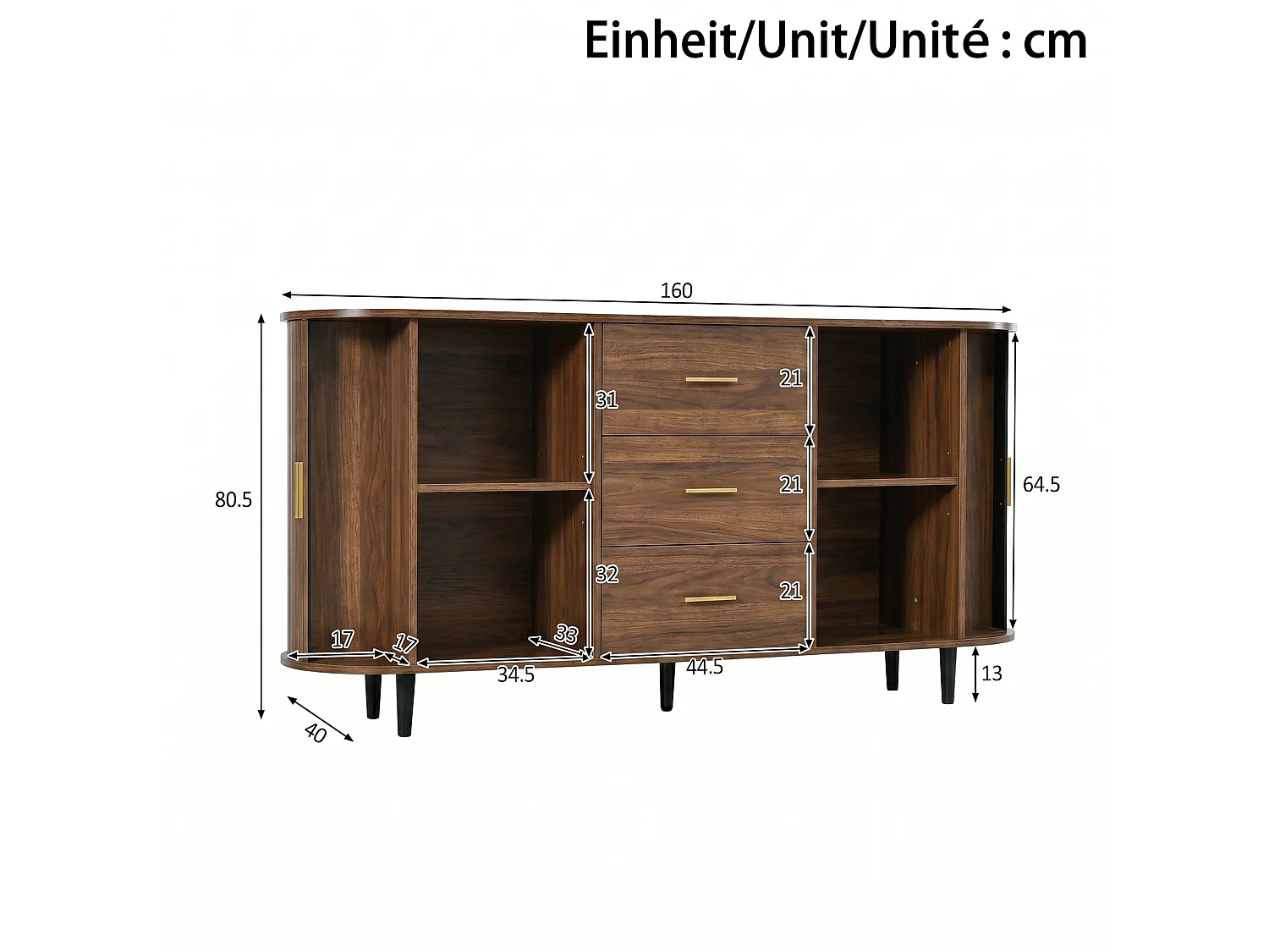 Ovaal dressoir 160 × 40 × 80,5 cm - 3 laden en 2 schuifdeuren - Metalen handgrepen en poten - MDF - Bruin