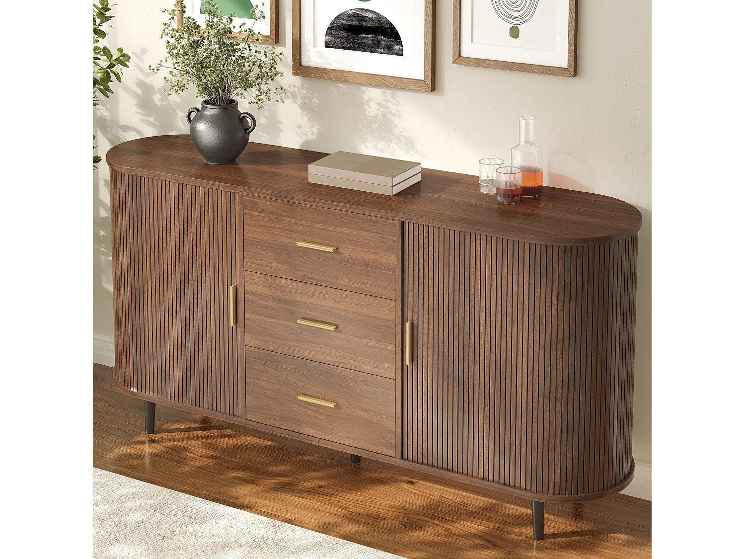 Ovaal dressoir 160 × 40 × 80,5 cm - 3 laden en 2 schuifdeuren - Metalen handgrepen en poten - MDF - Bruin