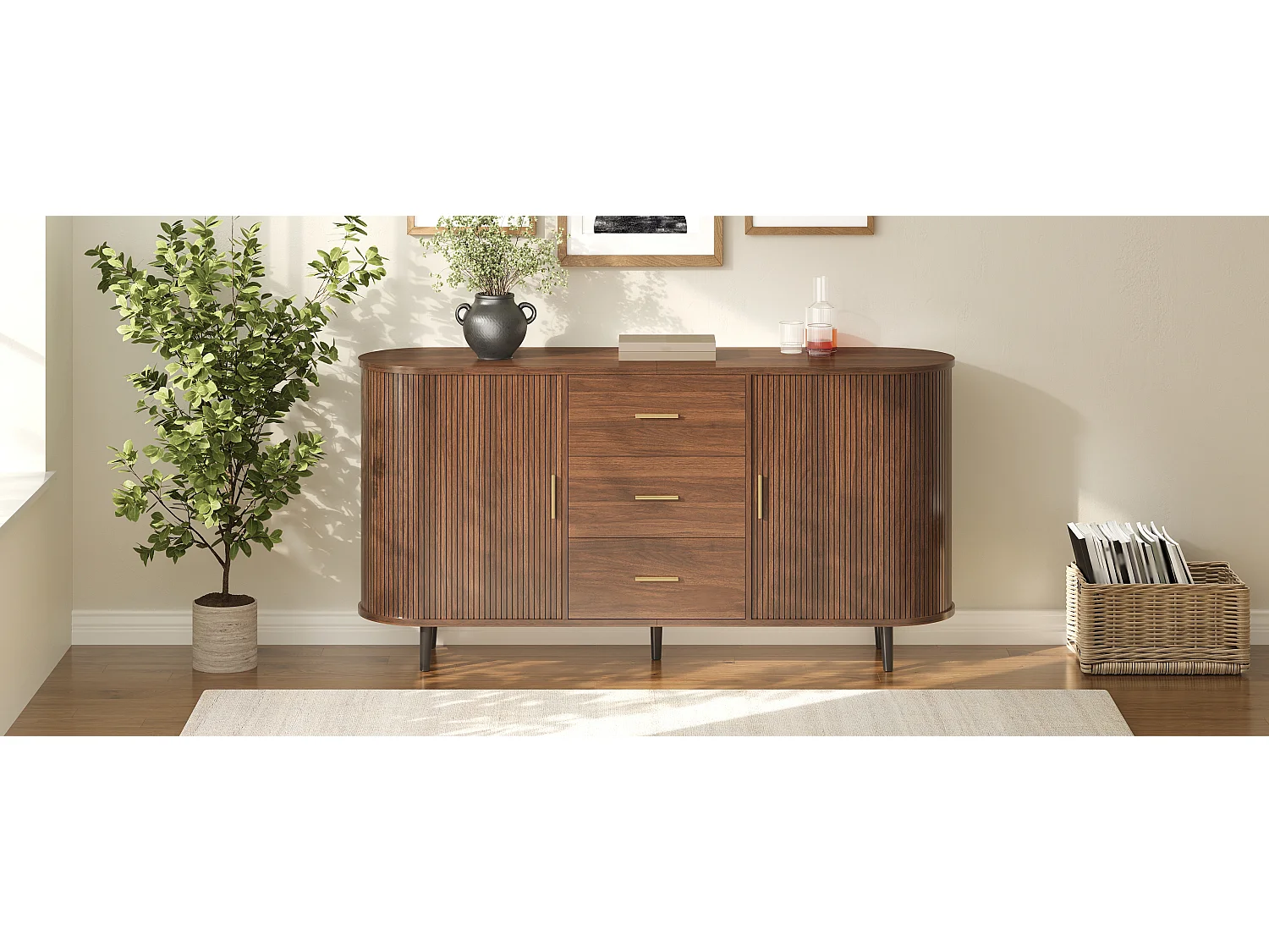 Ovaal dressoir 160 × 40 × 80,5 cm - 3 laden en 2 schuifdeuren - Metalen handgrepen en poten - MDF - Bruin
