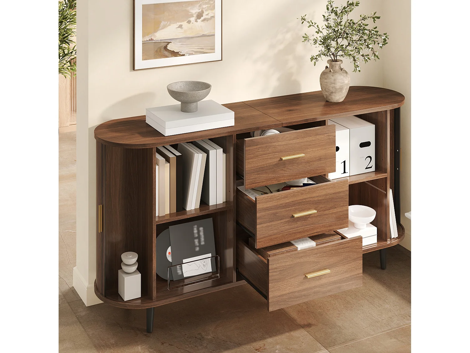 Ovaal dressoir 160 × 40 × 80,5 cm - 3 laden en 2 schuifdeuren - Metalen handgrepen en poten - MDF - Bruin
