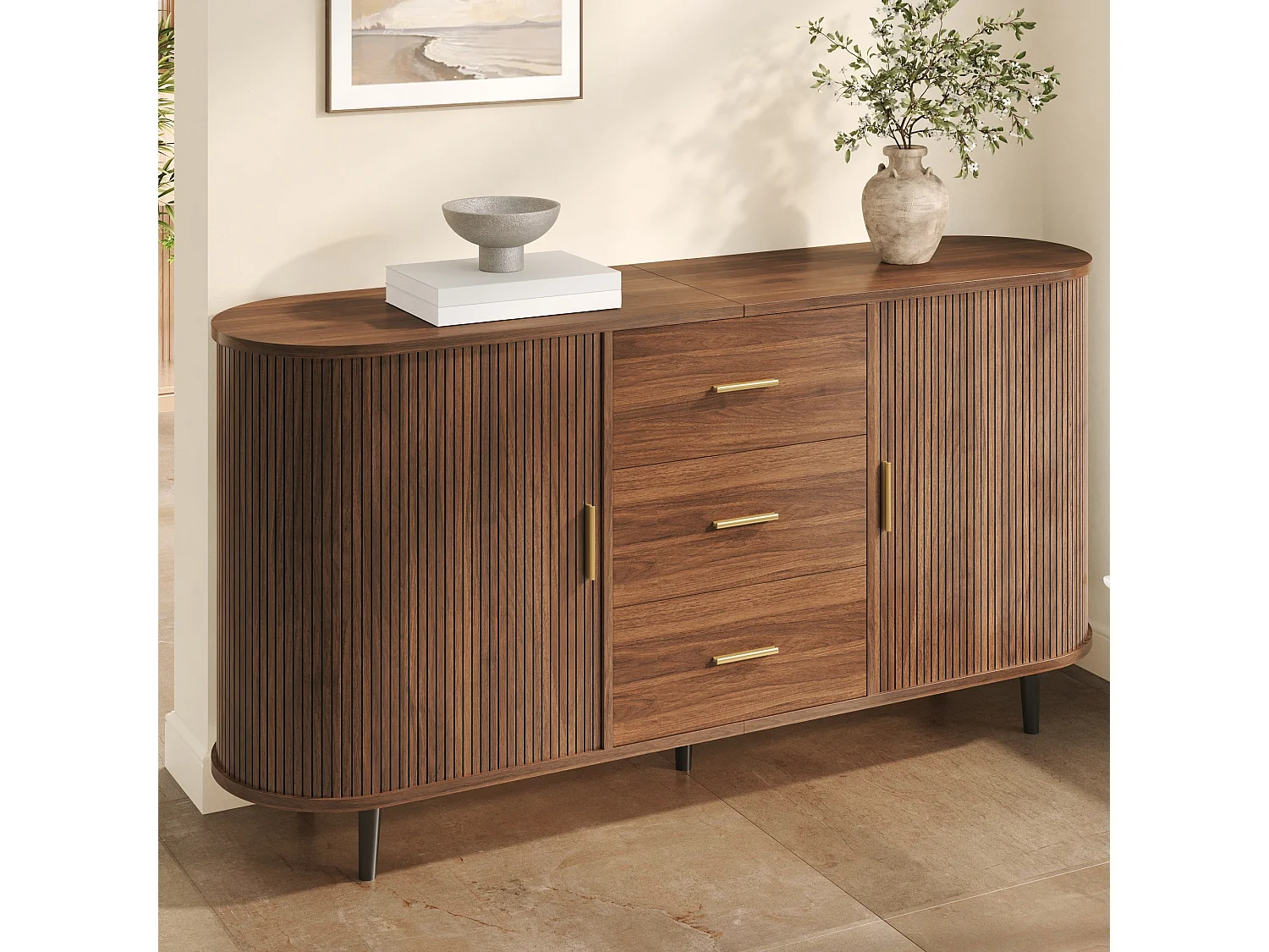 Ovaal dressoir 160 × 40 × 80,5 cm - 3 laden en 2 schuifdeuren - Metalen handgrepen en poten - MDF - Bruin