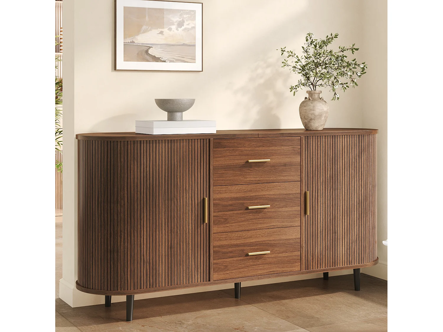 Ovaal dressoir 160 × 40 × 80,5 cm - 3 laden en 2 schuifdeuren - Metalen handgrepen en poten - MDF - Bruin